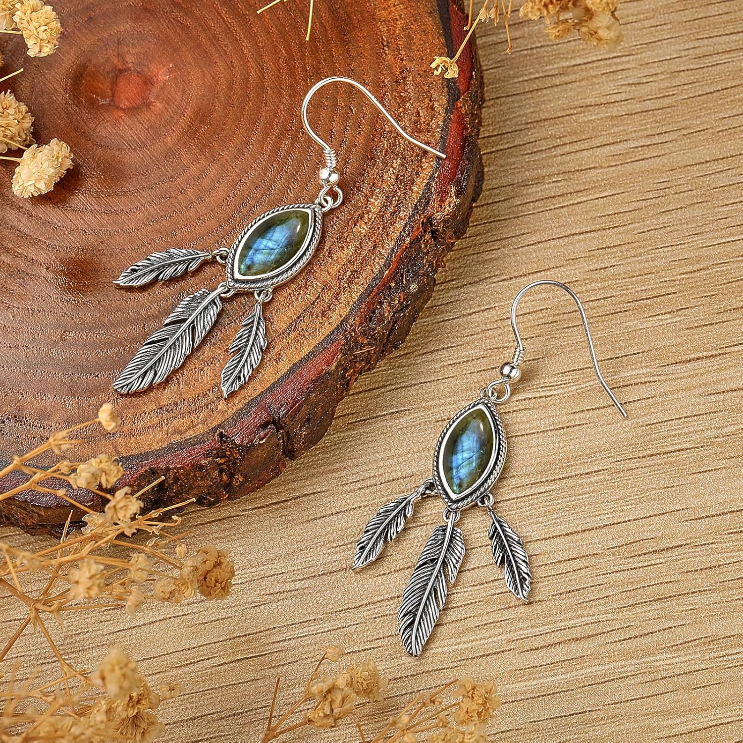 Feather Dangle Earrings for Women 925 Sterling Silver Earrings Teal Turquoise/Turquoise/Labradorite/Moonstone Drop Earrings with Feather Boho Vintage Leaf Hook Earrings Western Jewelry Gifts - Image 3