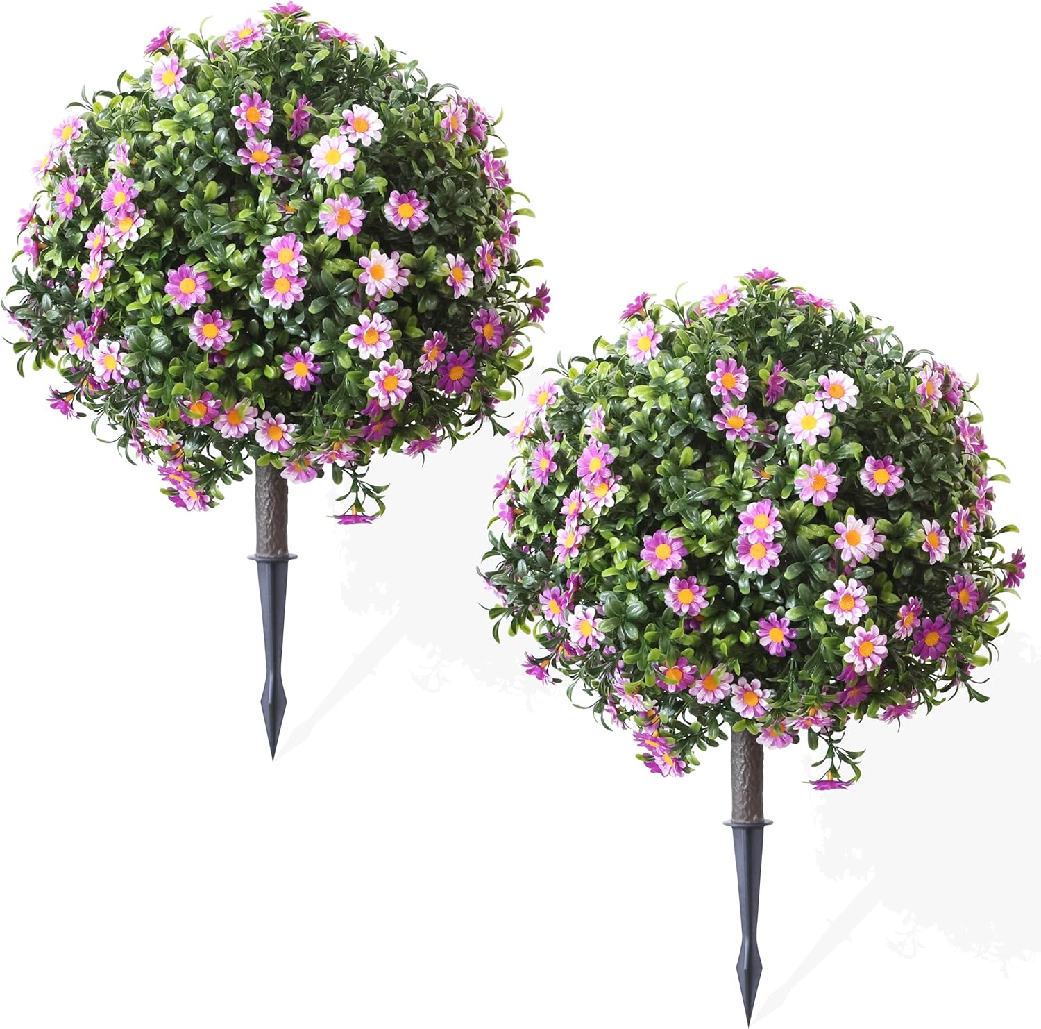 Artificial Boxwood Topiary Ball Trees Set of 2 – Daisy or Rose Flower – Red or Purple – UV Resistant Stake Plants for Planters Porch Patio Garden Decor(Purple, Daisy)