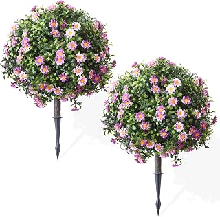 AUMMOOH Artificial Boxwood Topiary Ball Trees Set of 2 – Daisy or Rose Flower – Red or Purple – UV Resistant Stake Plants for Planters Porch Patio Garden Decor(Purple, Daisy)