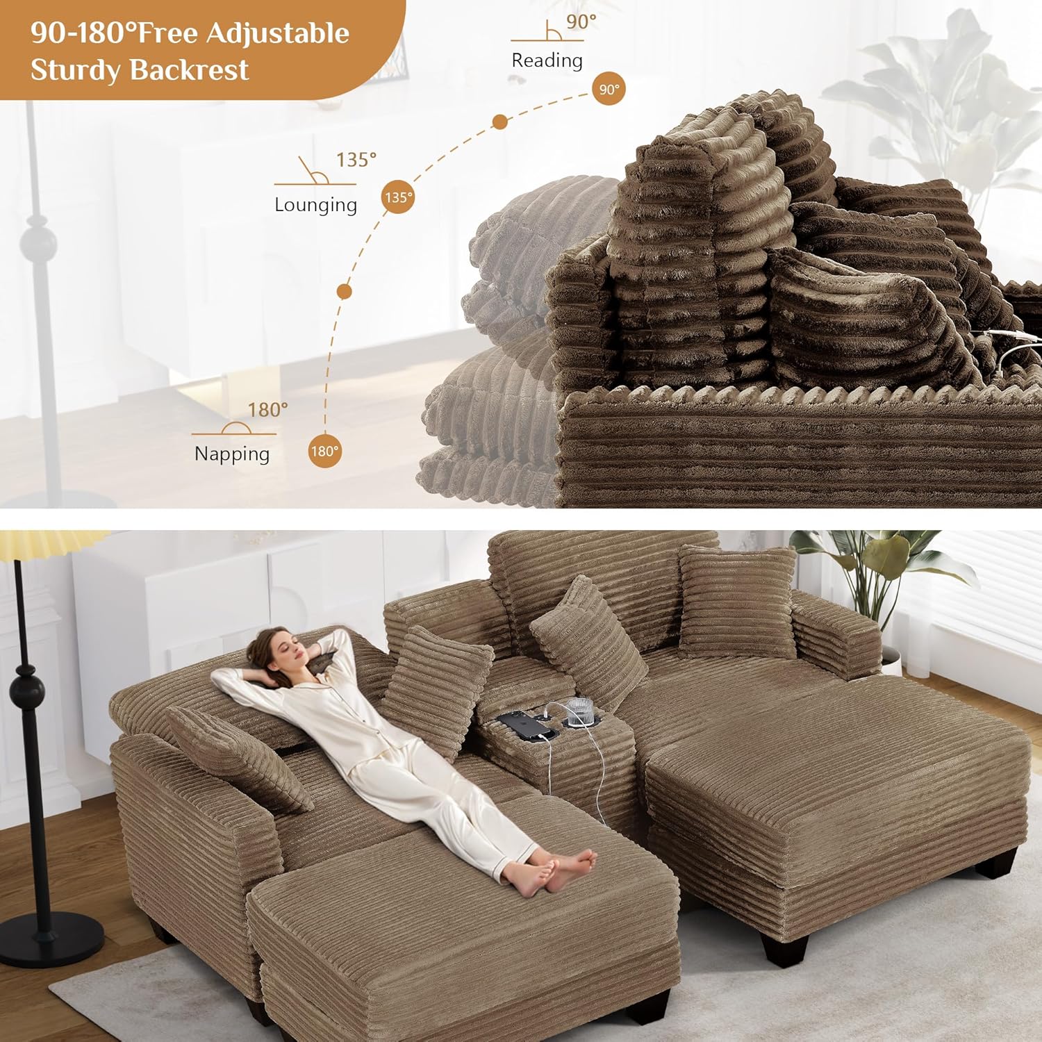 Oversized Chaise Lounge Chair Indoor with Storage & USB, Cup Holder & Ottoman, Firm Solid Wood Frame with Long Service Life Corduroy Oversized Lounge Reading Chair for Large Study Room - Camel