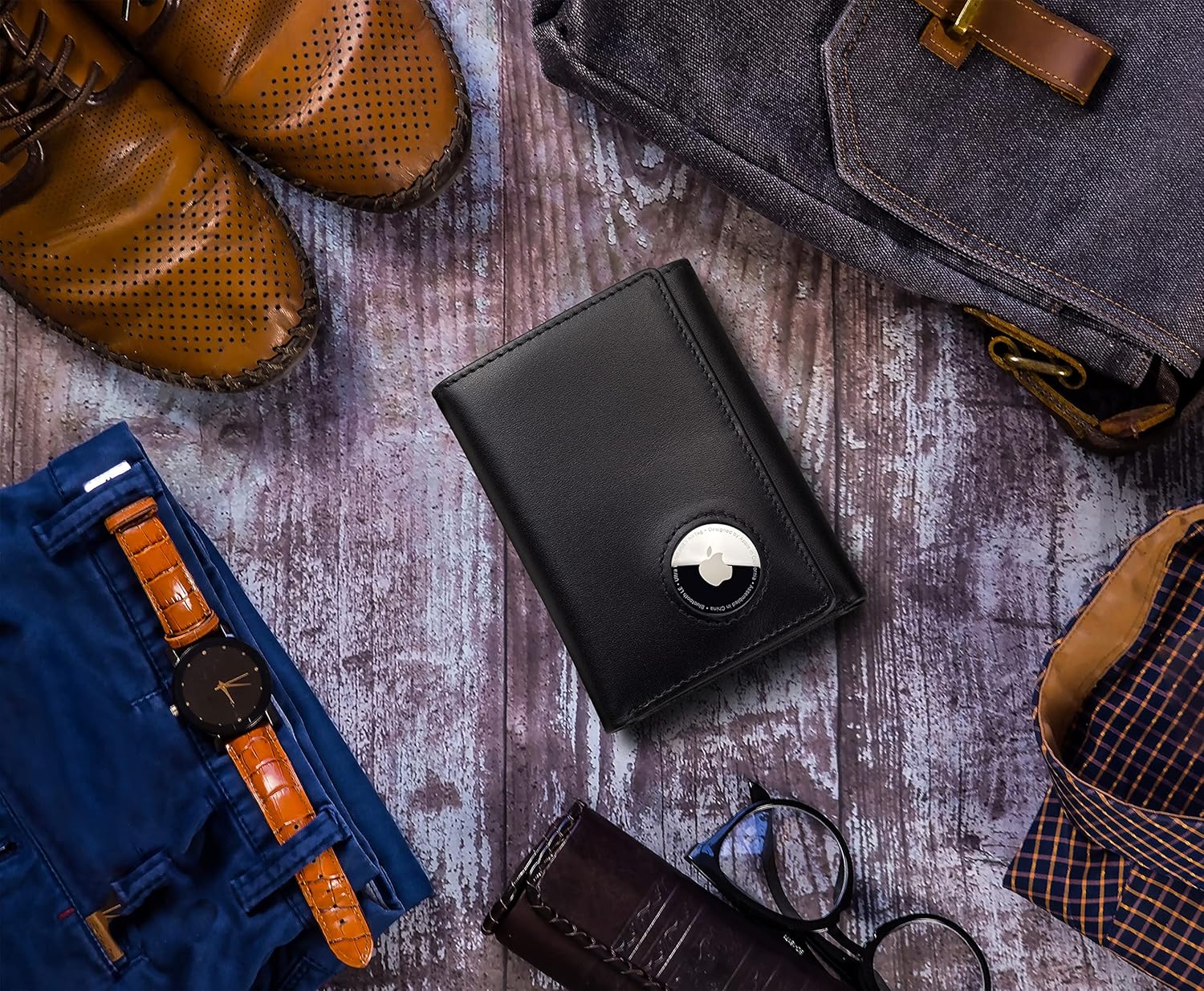 Stealth Mode Men's Leather Trifold Wallet with Airtag Holder and RFID Blocking (Black) - Image 3