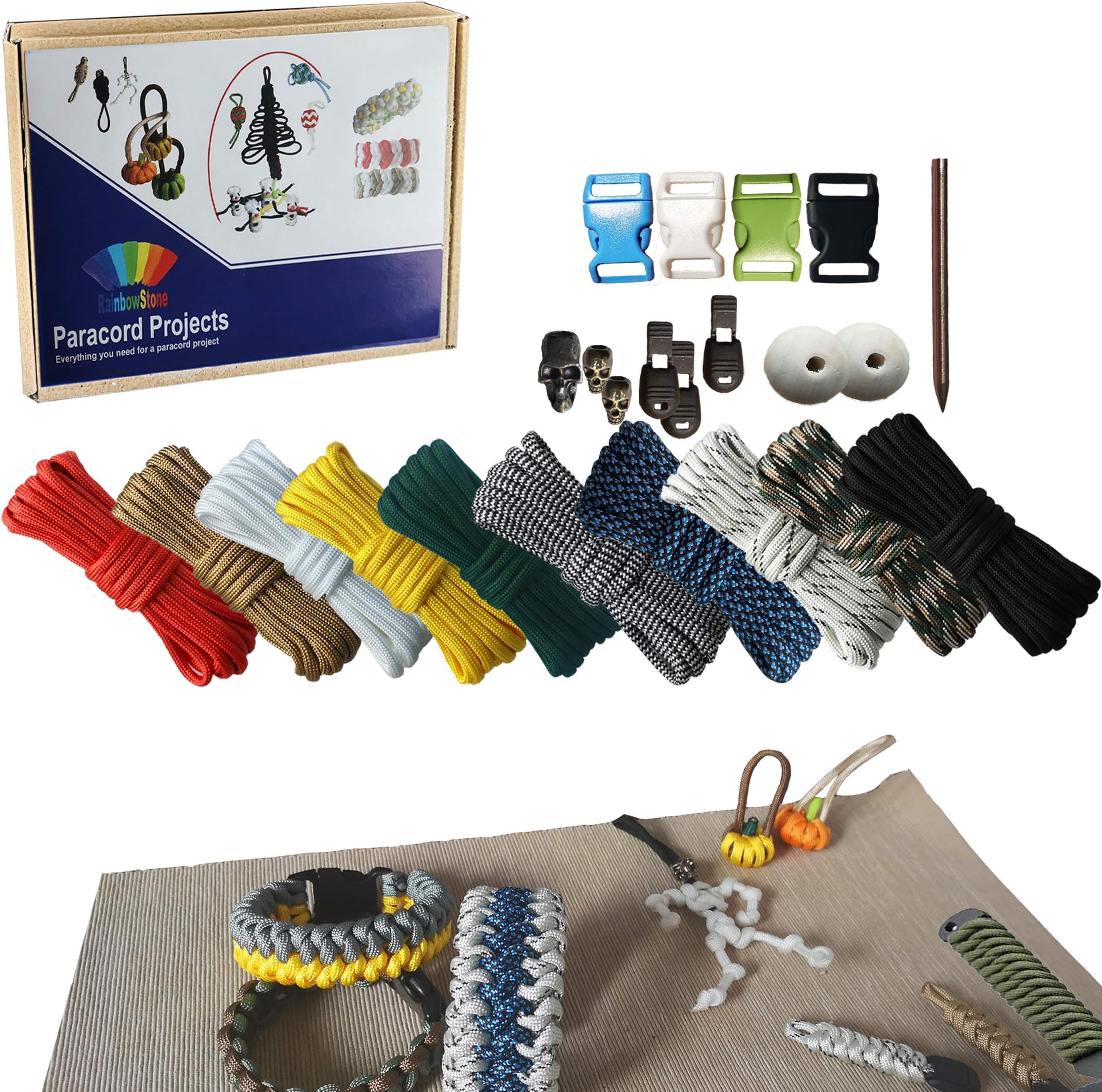 RainbowStone Paracord & Webbing Kit for Bracelet/Anklet/Handle Wrap – 10 * 3m 4mm Cords + Beads + Buckles 24 pcs Set B