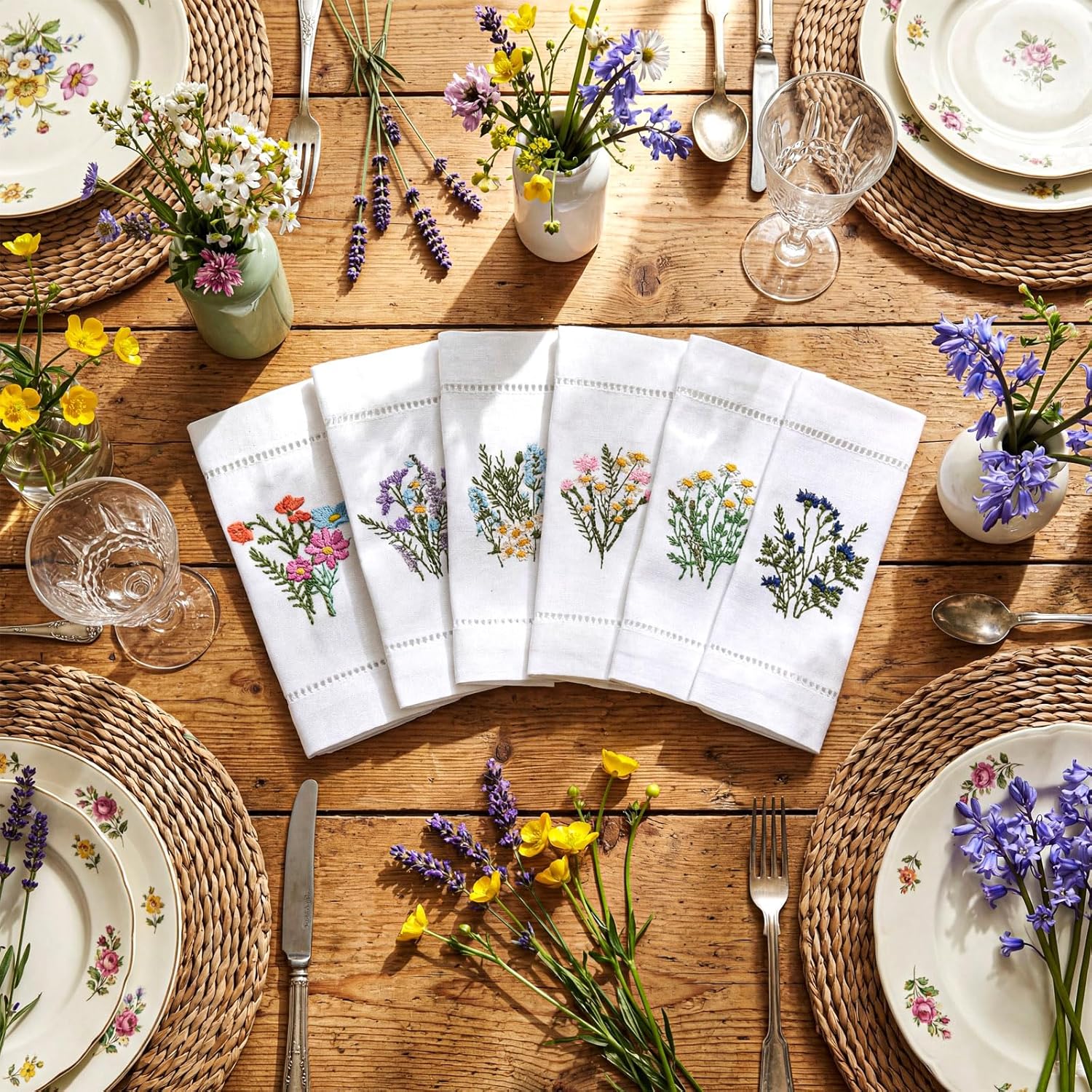 Frienda 12 Pcs Embroidered White Cocktail Napkins Bulk 6'' x 6" Floral Cotton Cloth Napkin Coasters Set Vintage Hankies Handkerchiefs for Spring Martini Cocktail Bachelorette Party Gift Decorations