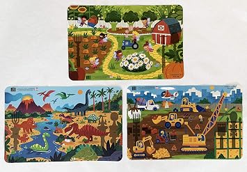 Constructive Eating Made in USA Combo with Construction Placemat, Dinosaur Placemat, and Garden Fairy Placemat for Toddlers, Infants, Babies and Kids - Made with Materials Tested for Safety