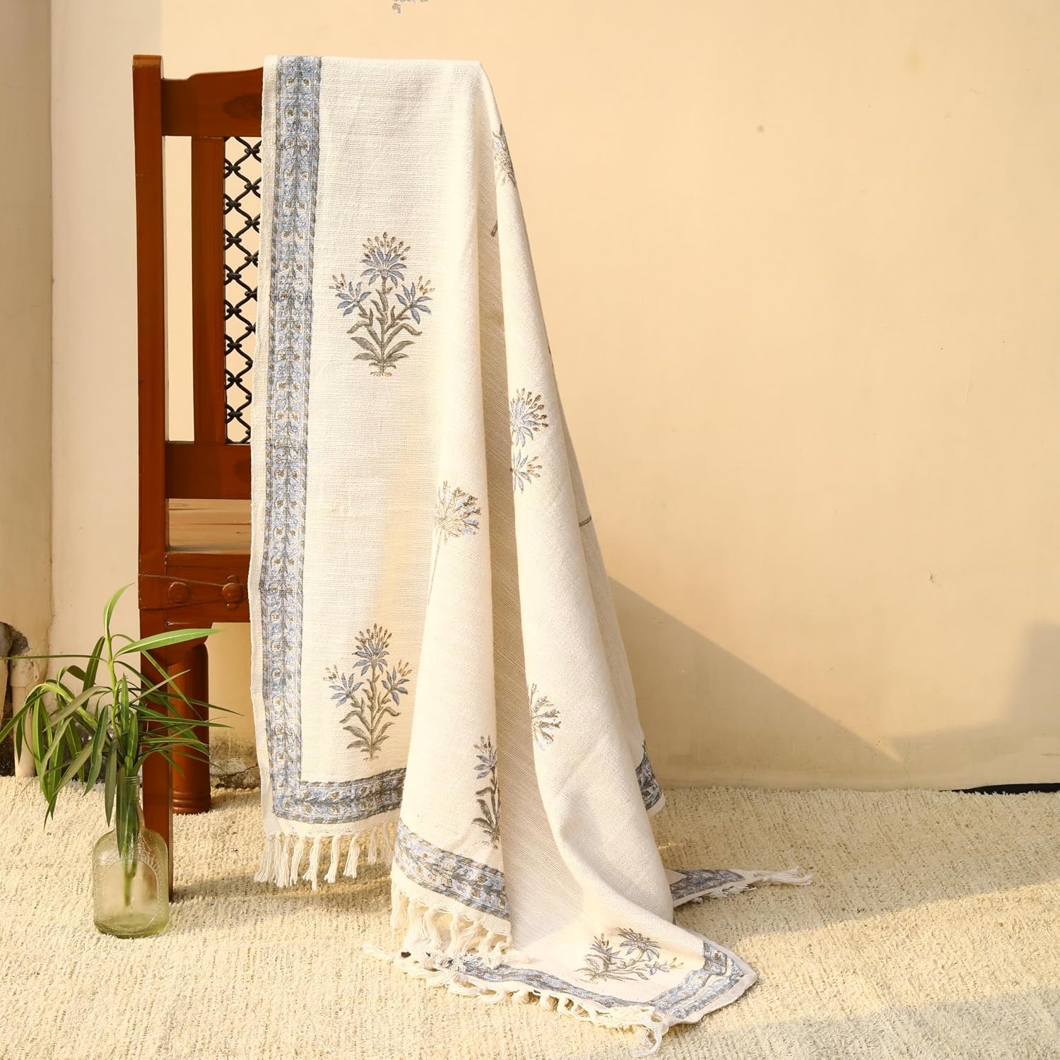 Trade Star 100% Cotton Handmade Soft Luxurious Throw Handloomed Ethnic Throw Blanket for Home Decor Hand Block Print Blanket with Tassels Decorative (50x70 Inches) (Pattern 1)