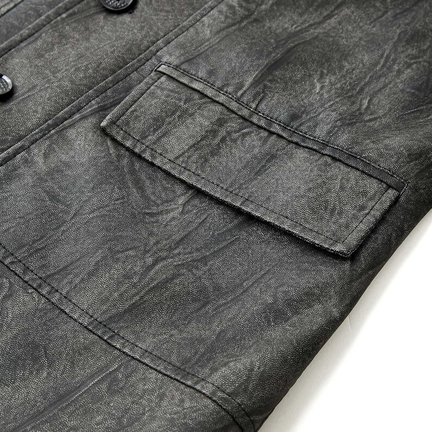 Leather Car Coat for Men Vintage Faux PU Bomber Jacket Button Down Sports Coat Heavyweight Retro Motor Biker Jacket