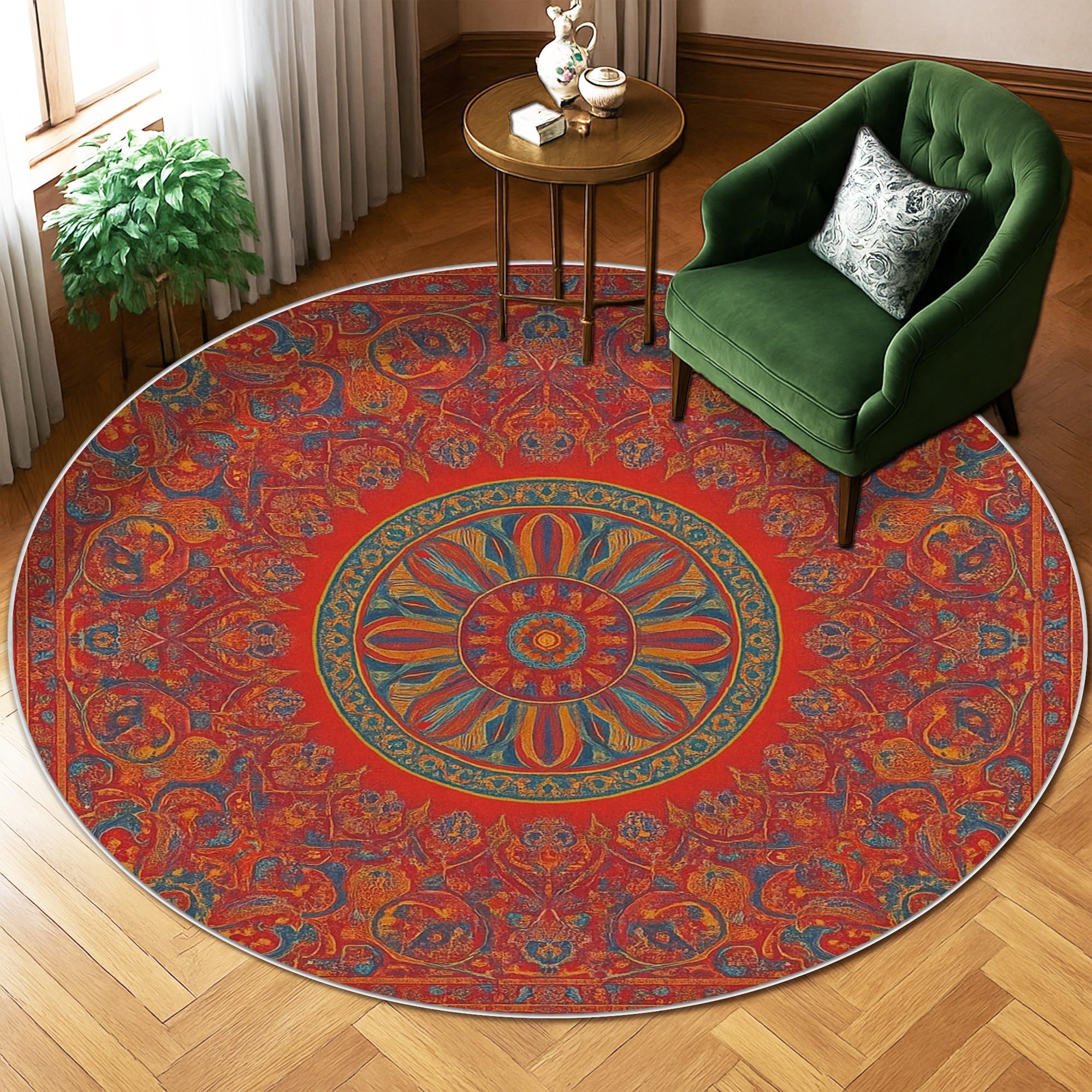 Tapis floral bohème artistique mandala géométrique sans rouge à poils courts pour salon, chambre à coucher, décoration de salle à manger, 1,8 x 1,8 m