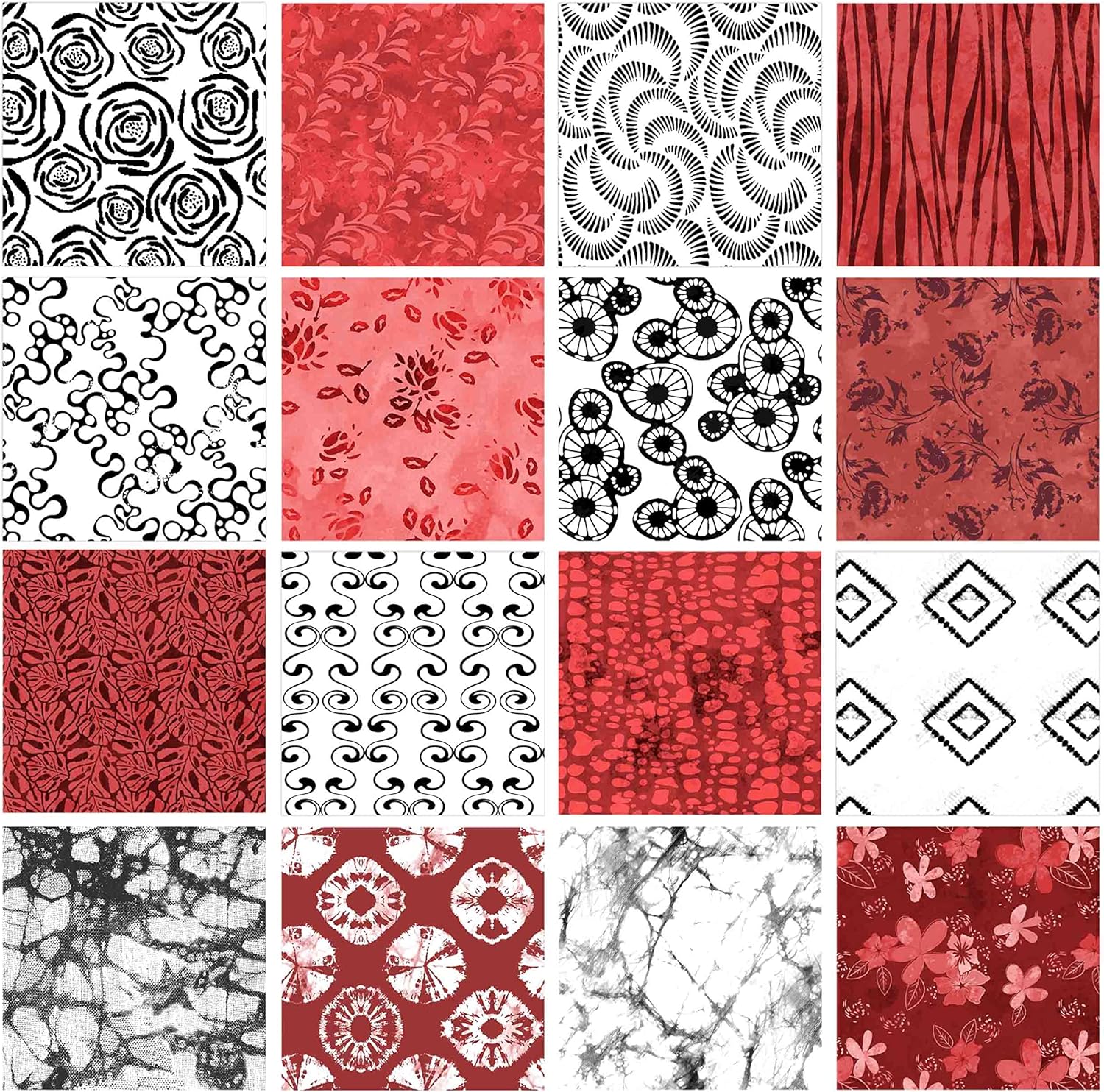 Soimoi 16 Pc Fat Quarter Bundle, Batik Print 18"x 22" DIY Patchwork- 100% Cotton Pre-Cut Quilting Fabric Red,White,Black