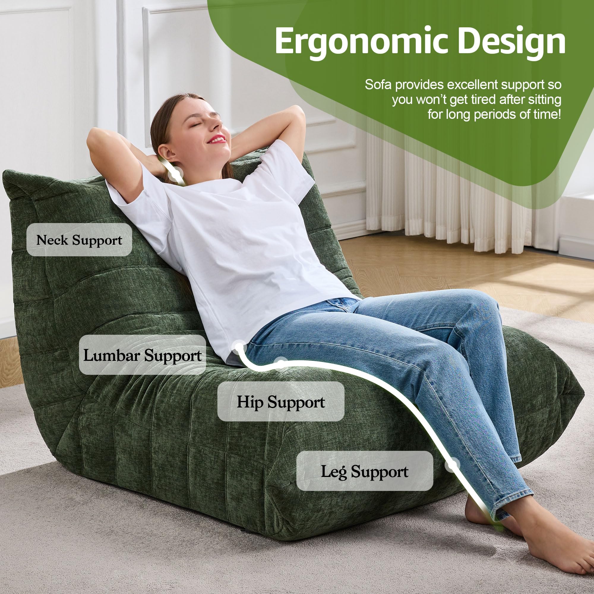 Hobestluk Sitzsack für Erwachsene, Memory-Schaum-Füllung, Kunstfell-Bezug, Bodensofa für Wohnzimmer, Schlafzimmer & Büro, Olivgrün, L, Einzel