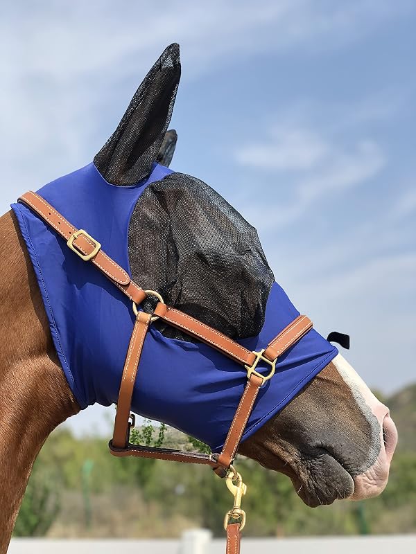 Máscara contra moscas para cavalos em tecido elástico TGW RIDING DK BLUE, tamanho M