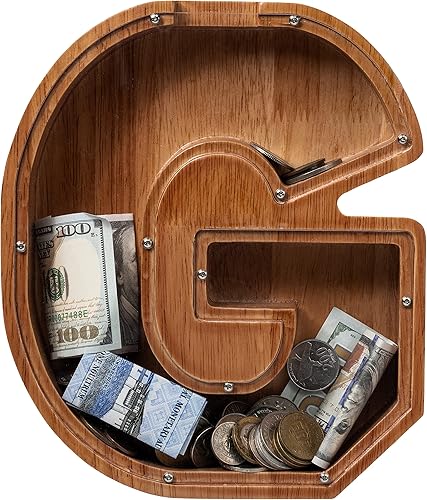Vista 219 de Alcancía para niños y niñas, alcancía de madera con letra grande del alfabeto con inicial C, banco de monedas, regalos divertidos para cumpleaños