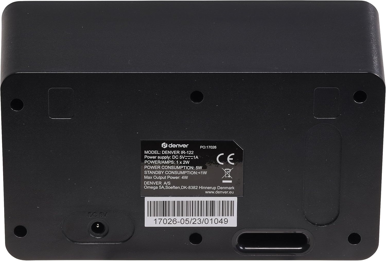 Back view of the Denver IR-122 Internet Radio showing power input and product label