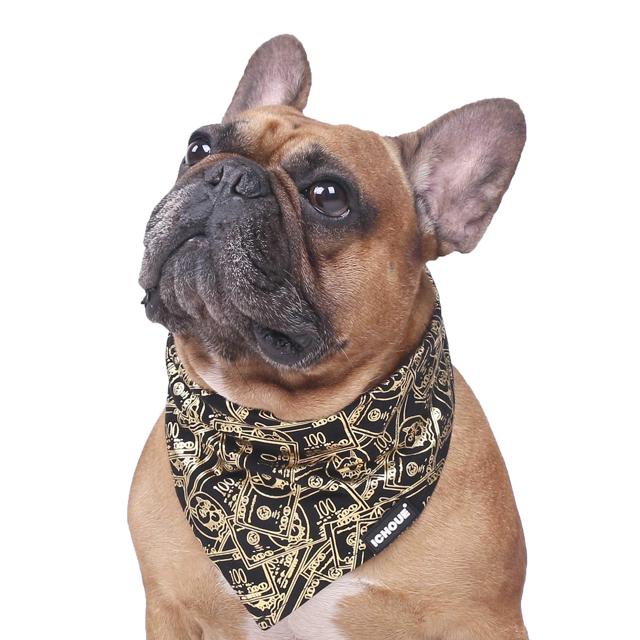 iChoue Original Print French Bulldog Bandanas Washable Bibs Adjustable Triangle Scarfs for Frenchie Pug English Boston Terrier Dogs, Black Money,