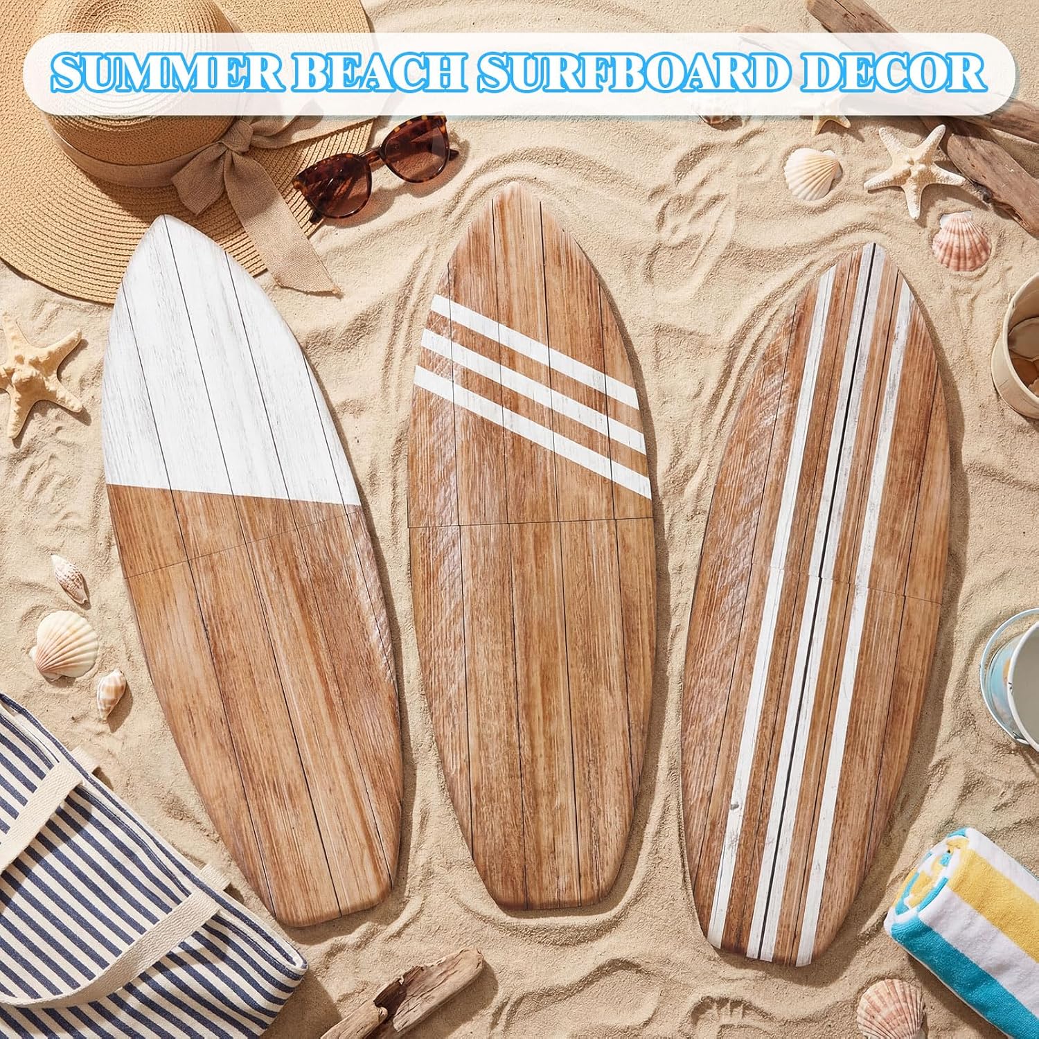 Yookeer 3 Pcs Surfboard Wall Decor,36" x 12" Large Wooden Surfboard Wall Art Set, Beach Room Decor Aesthetic Cute Beachy Tropical Surf Board Art for Surfer Bedroom Decoration (Wood,Classic)
