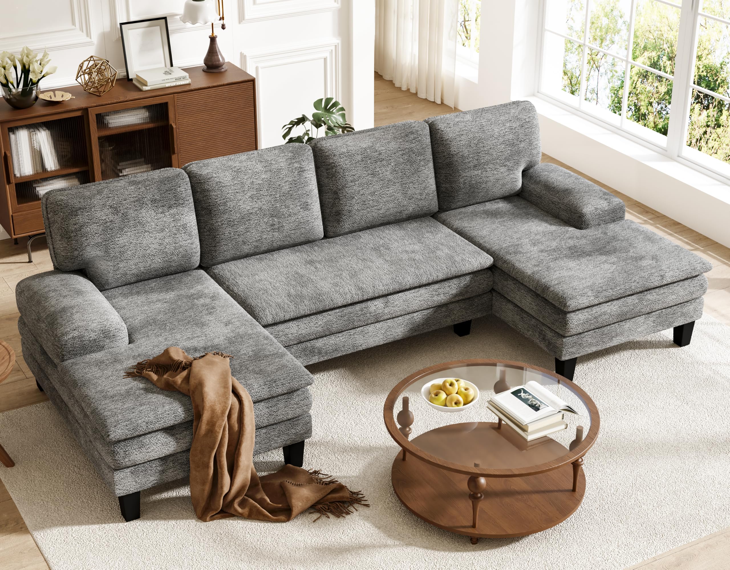 Txtin's U-Form Sofa 4-Sitzer, Ecksofa mit Schlaffunktion, Couch mit Chenille-Stoff, Big Sofa für Wohnzimmer, 279 x 114 x 80 cm, Grau