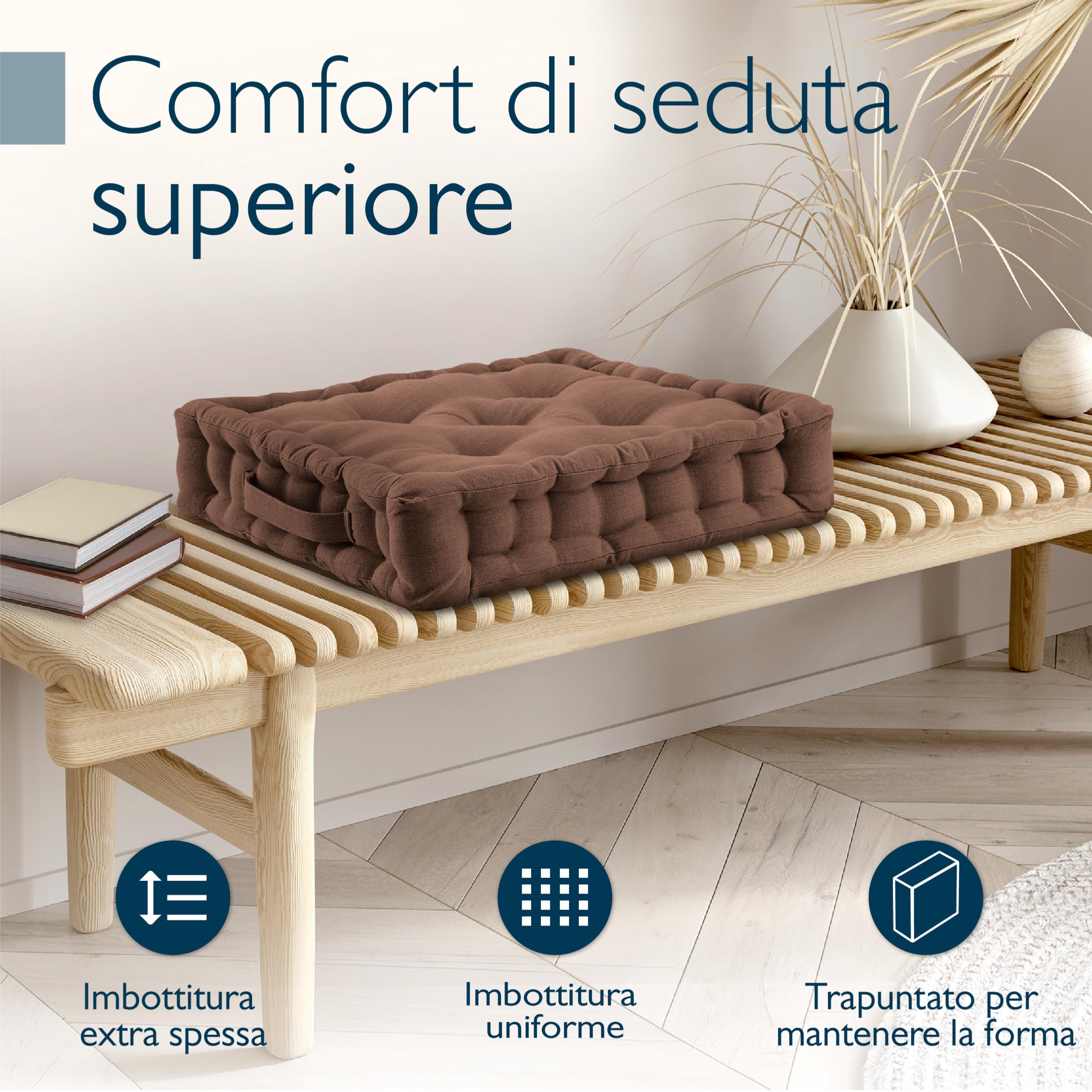 Beautissu set di 4 cuscini da pavimento in 100% cotone con maniglia spesso | 50x50cm 10cm marrone materasso per sedia da interno ed esterno cuscino seduta trapuntato Mila