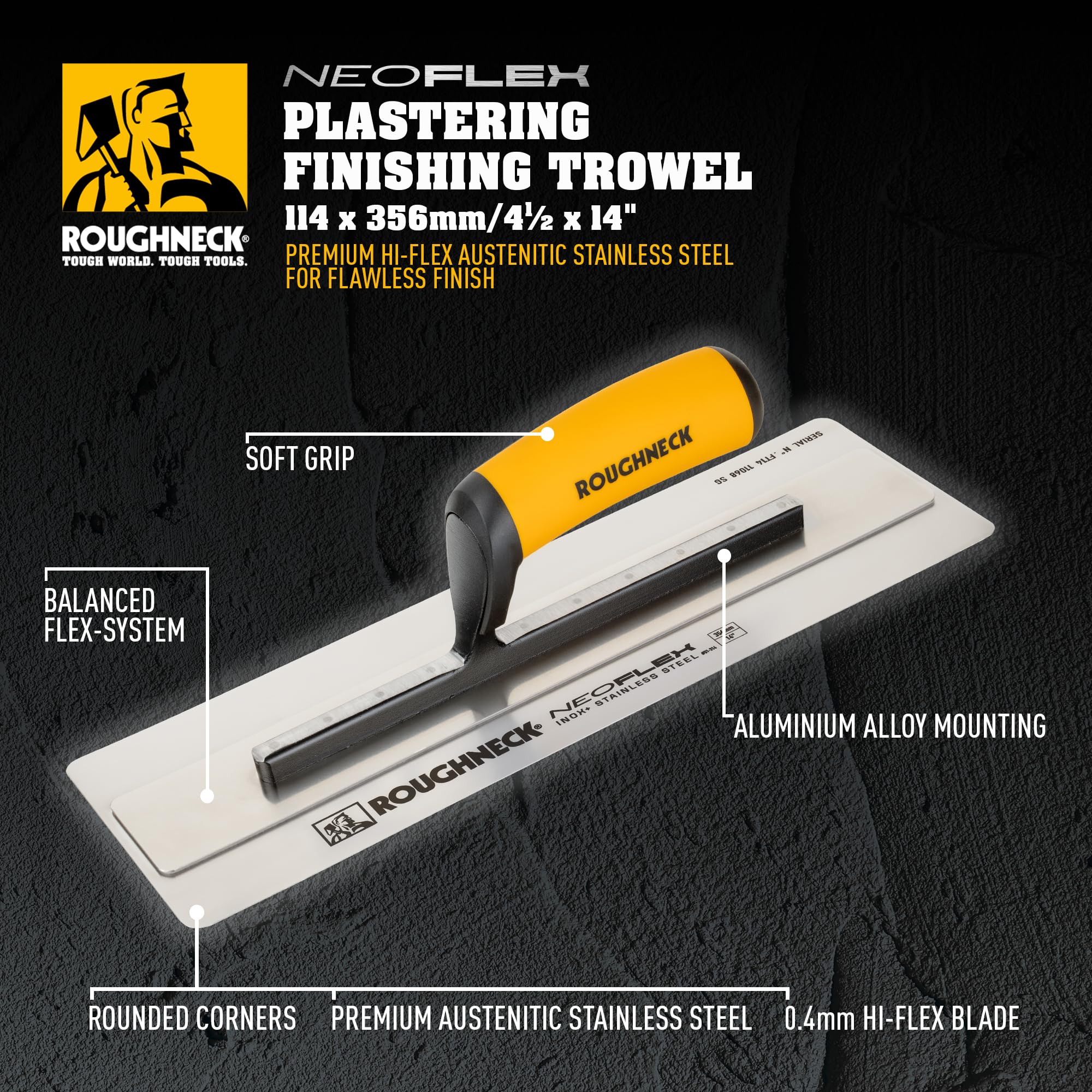 Roughneck NEOFLEX Kielnia wykończeniowa tynkarska 114 mm x 356 mm – austenityczne ostrze ze stali nierdzewnej Hi-Flex, środkowy grzbiet, zaokrąglone narożniki, ultra elastyczne ostrze 0,4 mm i miękki