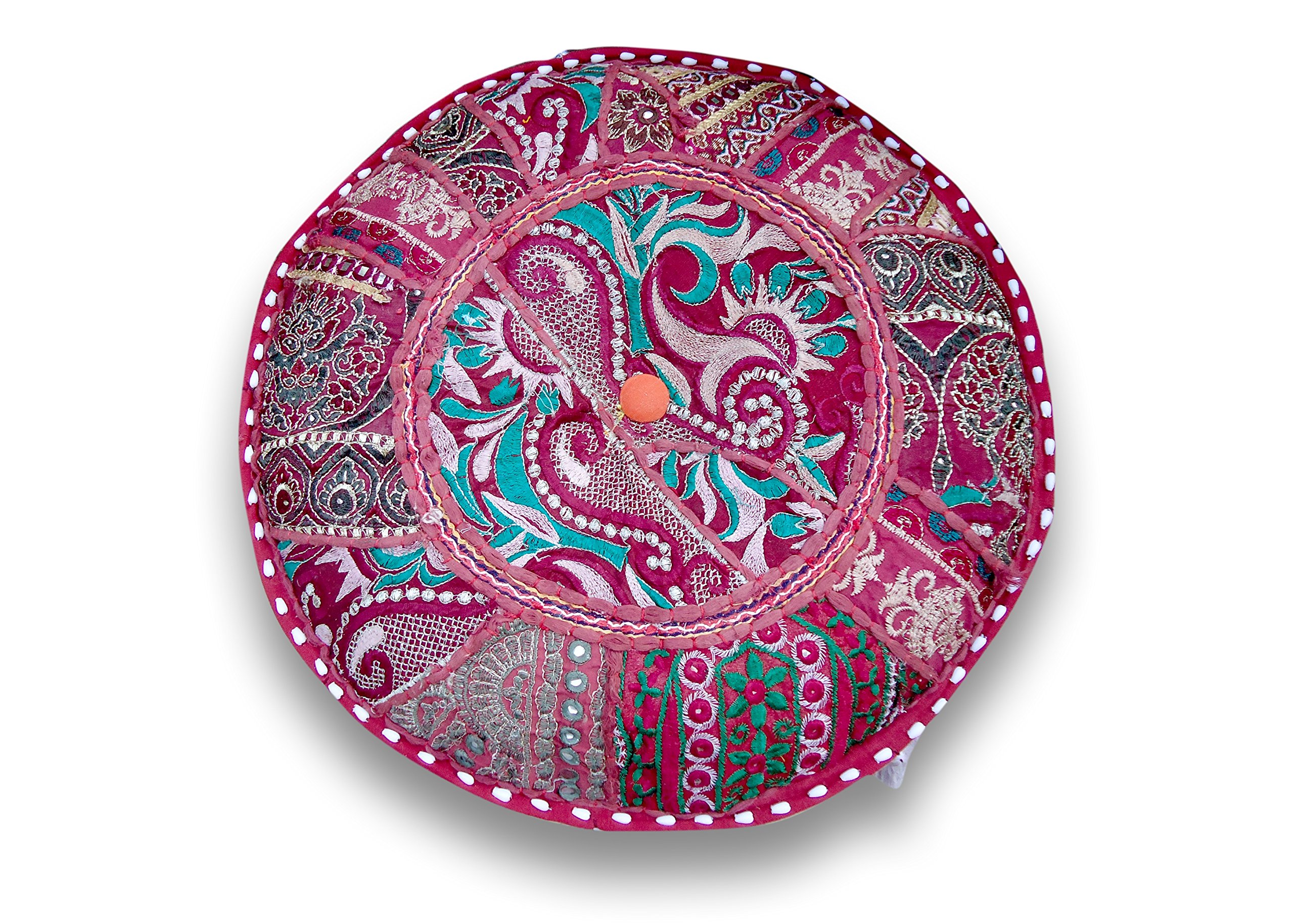 Sophia-Art Indian Embroidered Patchwork Cover Indian Decorative Pouf Indian Comfortable Floor Cotton Cushion Ottoman Pouf,Indian Designs Ethnic Patchwork Pouf (Dark Pink, 18"x13") 3