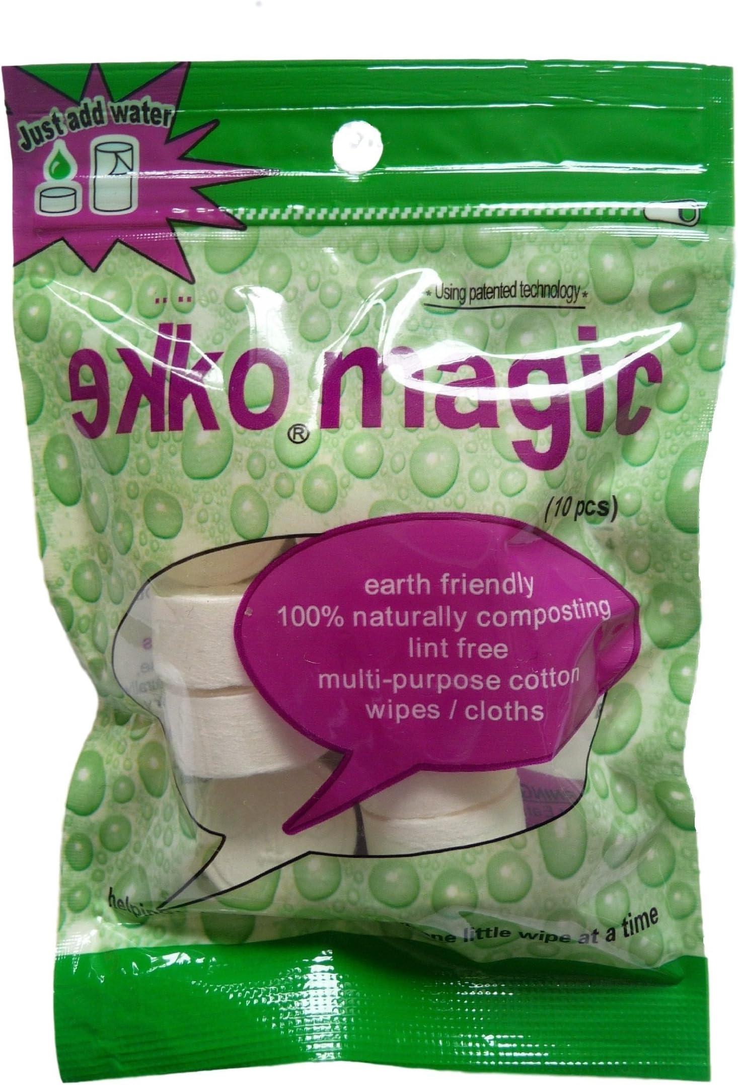 Ekko 100% Pure Multi-Purpose, Reusable, Biodegradable Compressed Cotton Wipes (10)
