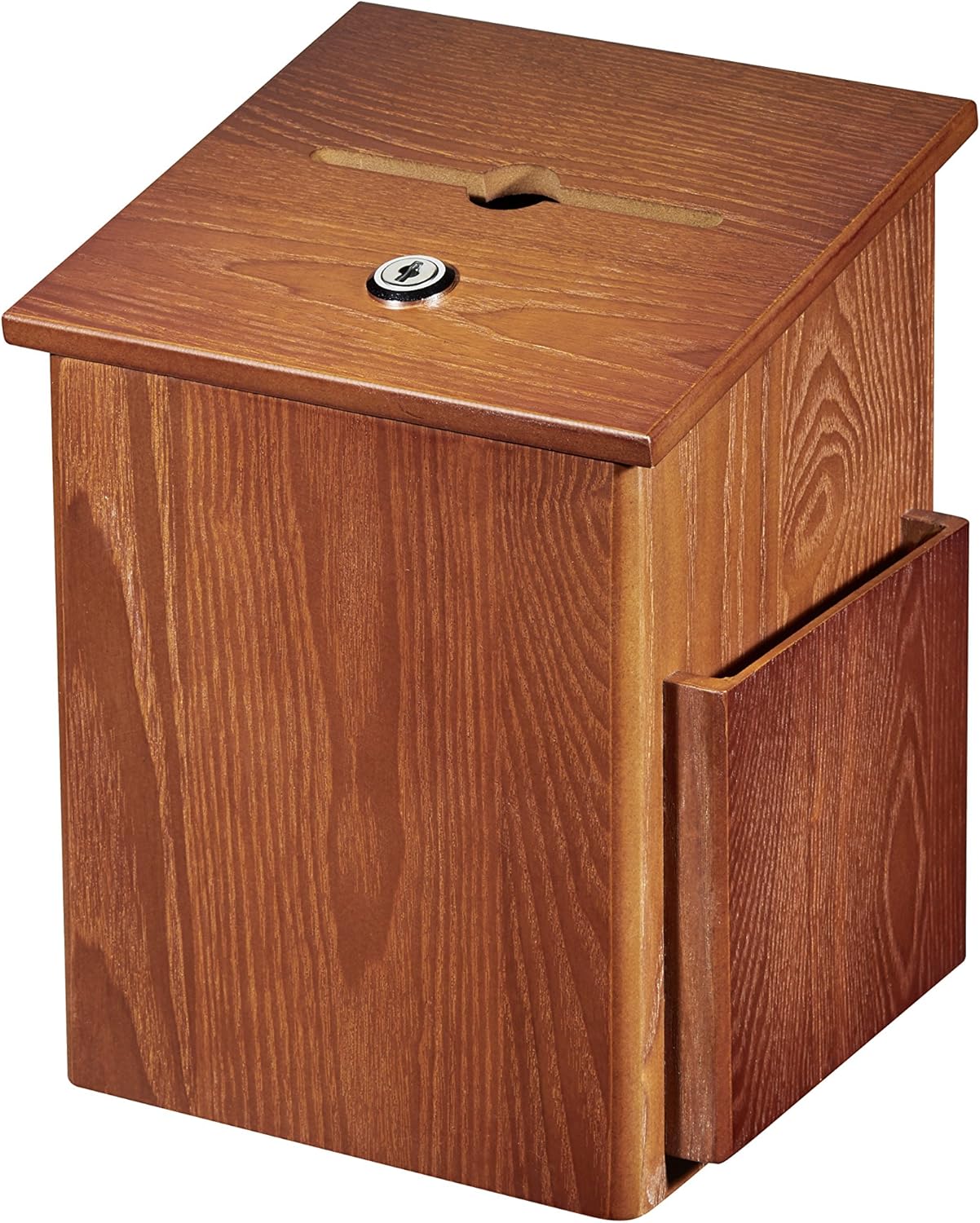 AdirOffice Square Wood Suggestion Box - Wall Mountable - with Lock & Chained Pen - Donation, Collection, Ballot, Key Drop, (Medium Oak)