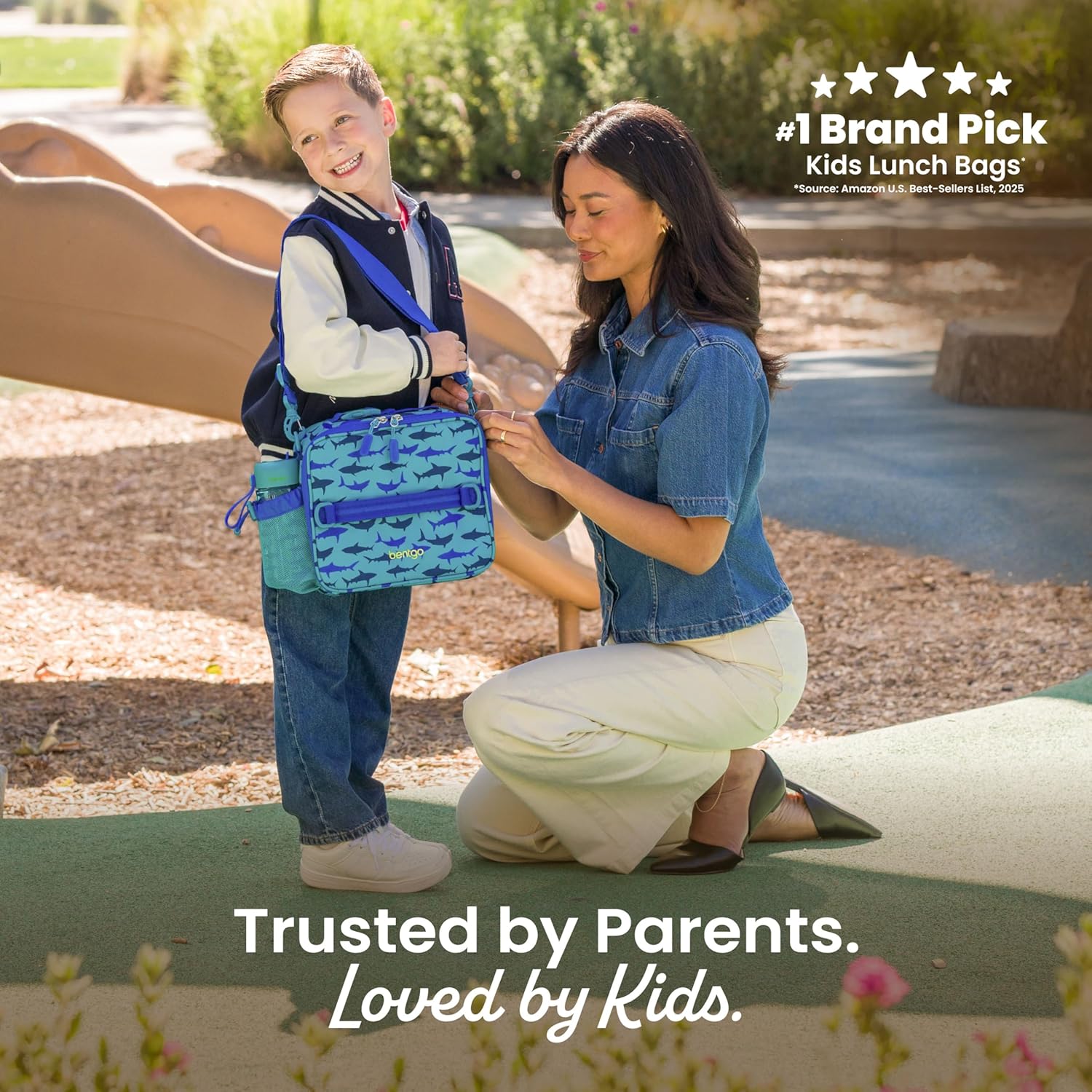 Bentgo Kids Prints Double-Insulated Reusable Lunch Bag | For Kids 3+, Adjustable Strap; Holds Lunch Box/Water Bottle/Snacks; Easy-Clean, Water-Resistant, Pockets (Shark)