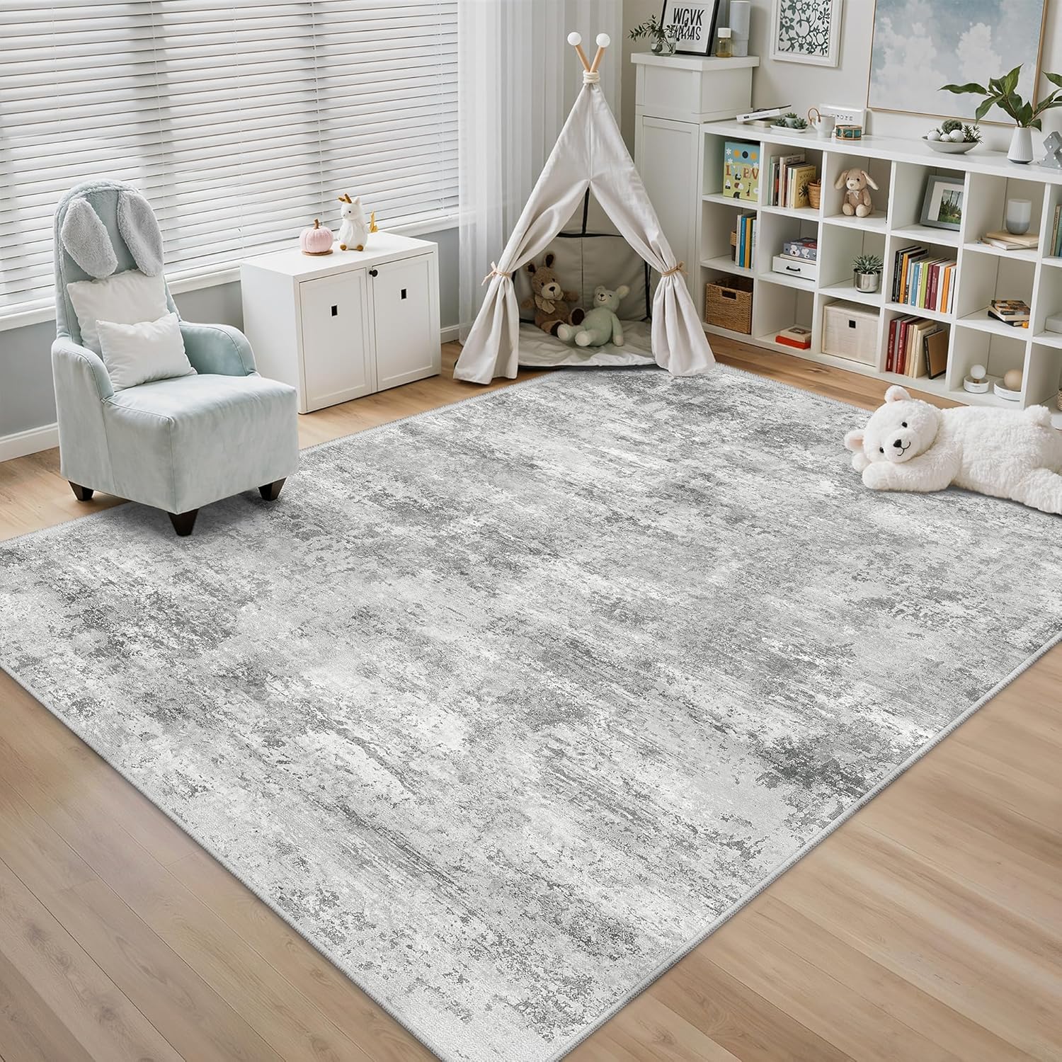 Cochyean Area Rug 3x5, Modern Abstract Bedside Rug, Machine Washable Non Slip Rugs for Bedroom, Low Pile Stain Resistant Distressed Rug for Nursery, Living Room, Dining Room, Light Grey