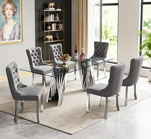 Miniatura 23 de Juego de 5 mesas de comedor de cristal plateado, mesa rectangular moderna de cocina y comedor de 70 pulgadas para 4, mesa de comedor de vidrio Mesa