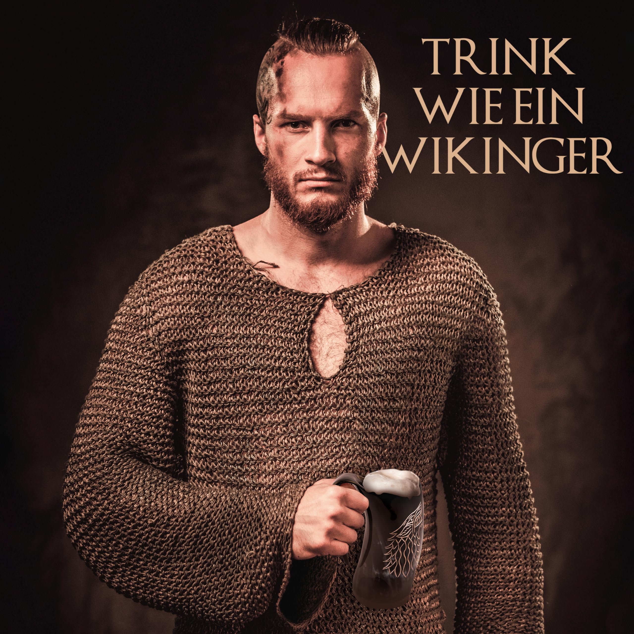 VIKING CRAFT® Trinkhorn Wikinger Krug 600ml - Großer Hornkrug Fenrir und 2 Becher für Deinen Wikinger Met Honigwein - Hornbecher, Wikinger Deko, Mittelalter, LARP
