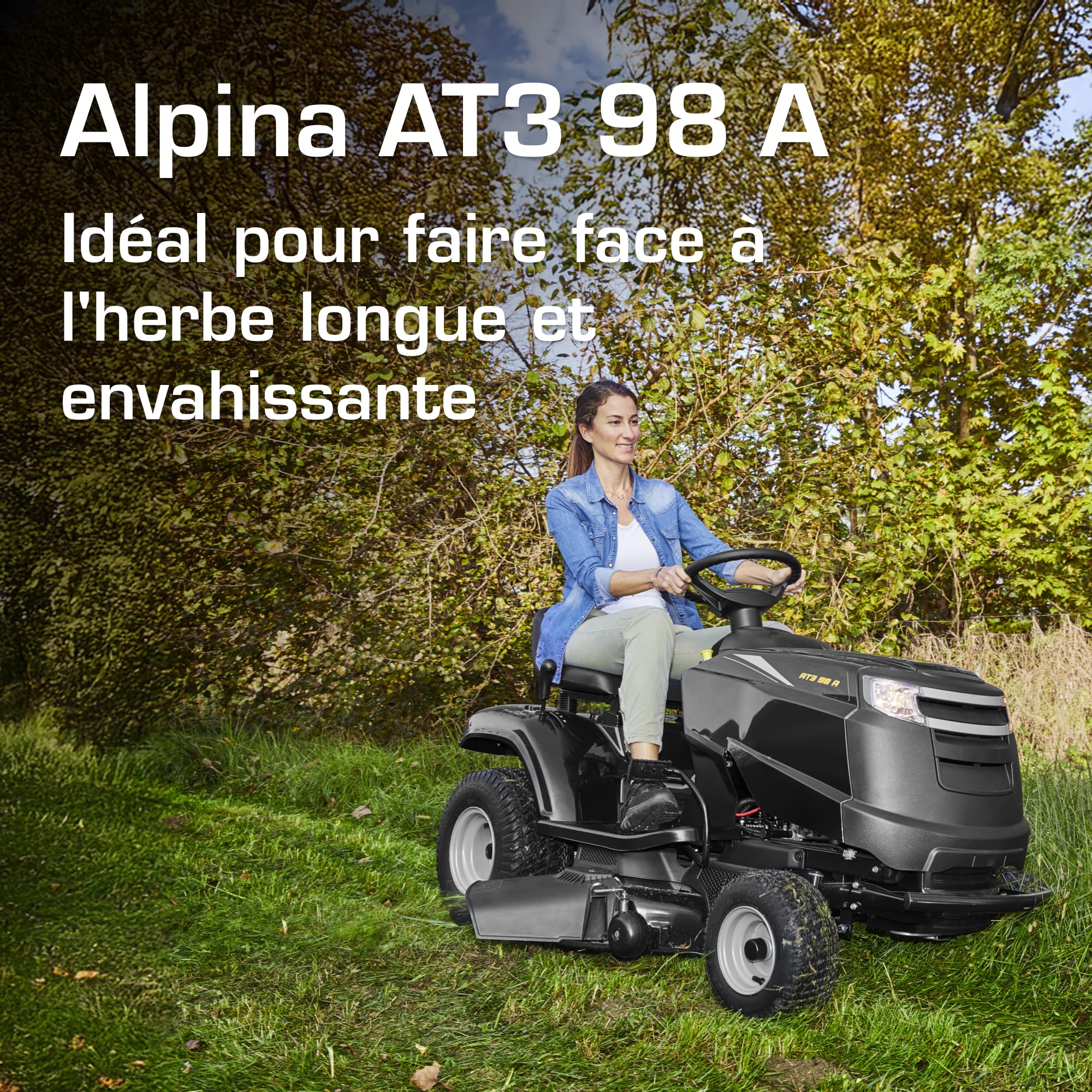 Alpina AT3 98 A Tracteur de Jardin, 6,5 kW, 98 cm – Éjection latérale, Kit Mulching inclus – Pelouses jusqu'à 4 500 m²