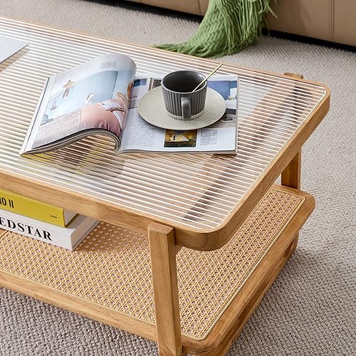 Miniatura 4 de TesNus Mesa de centro de madera maciza, moderna mesa de centro de ratán pequeña con estante de almacenamiento de 2 niveles, mesa de té rectangular