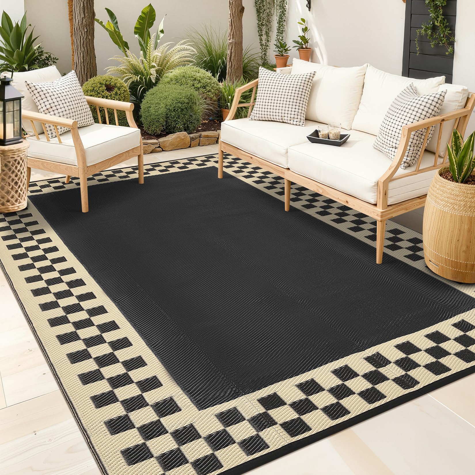 CAROMIO Outdoor Rug 240 x 300 cm Portable Reversible Plastic Straw Camping Mat for Outside Large Waterproof Outdoor Area Rugs Lightweight Bordered RV Mat Carpet for Deck, Porch, Balcony, Black/Coffee