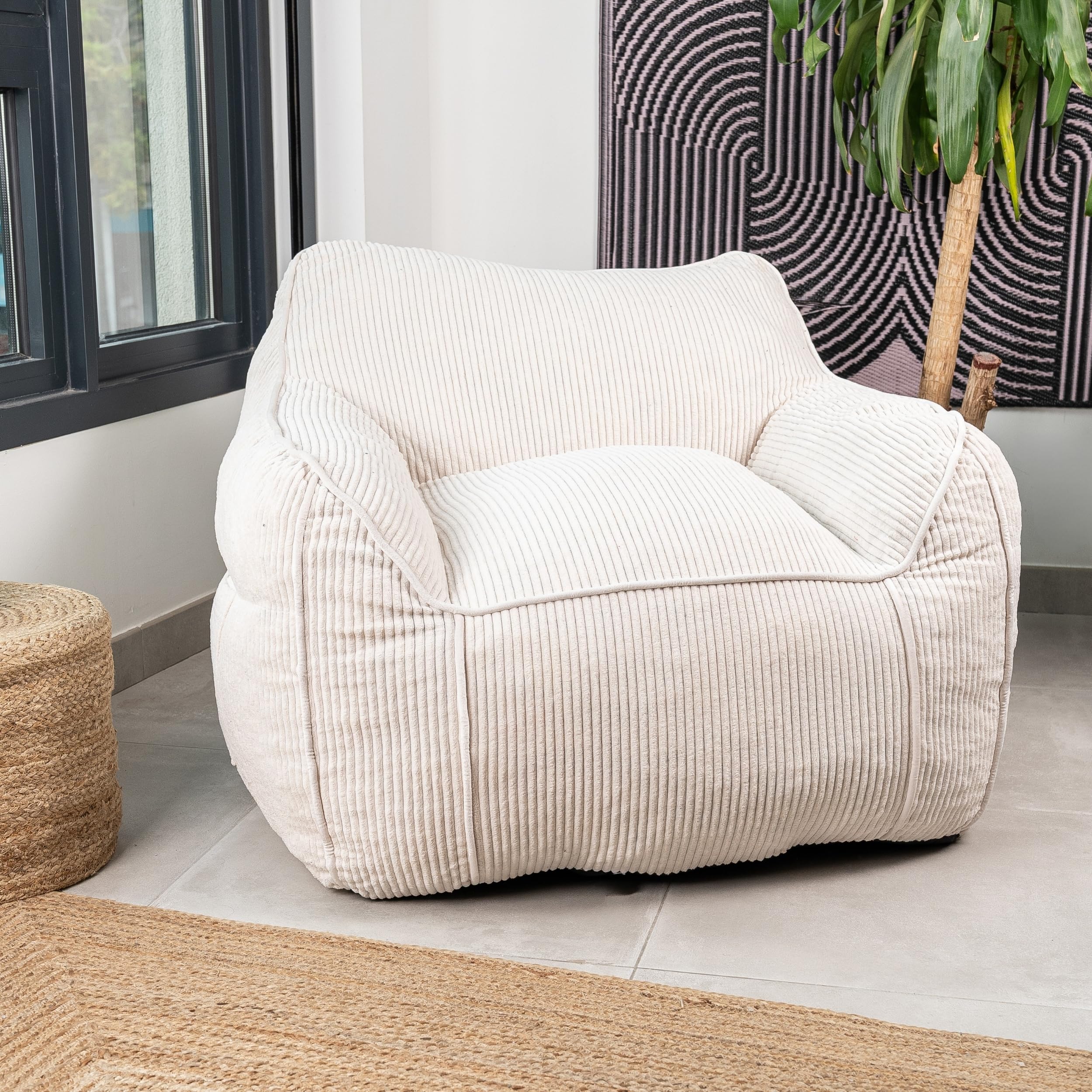 bananair - Pouf Poltrona per Salotto e Camera - Tessuto in Velluto a Coste Morbido ed Elegante - Poltrona Sacco Generosamente Imbottito, Ideale per un Ambiente Accogliente (Bianco Sporco)