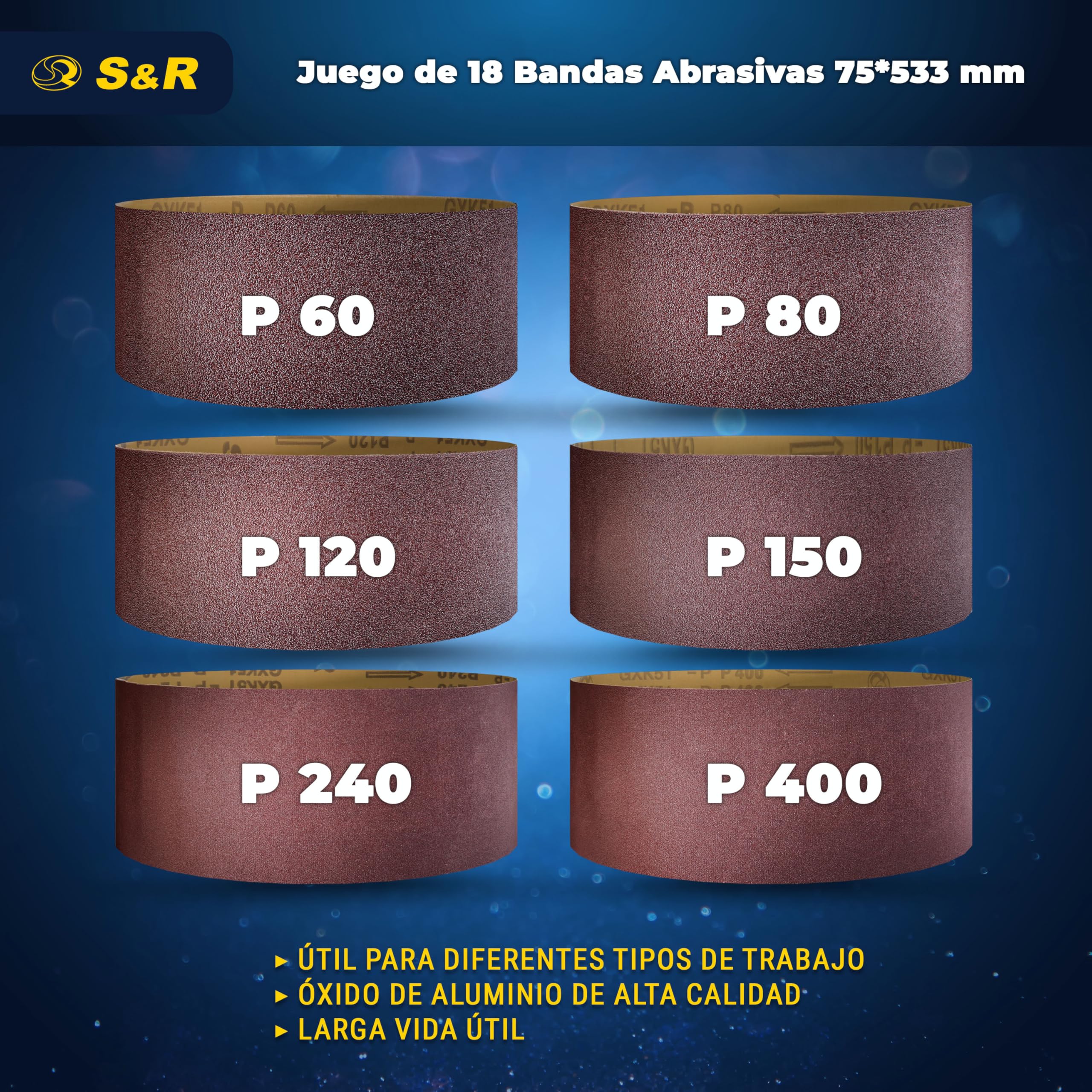 S&R Bandas de Lija Abrasivas para Lijadoras 75 x 533 mm. Juego de 18 Bandas para pulir Metal Madera Pintura: 3 cada grano P60, P80, P120, P150, P240, P400