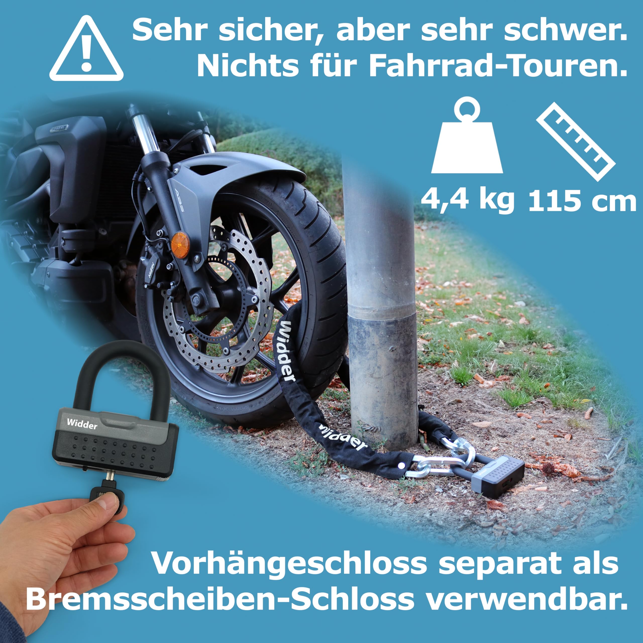 Widder Titan-Stahl [Level 15] Kettenschloss mit 4 Schlüssel - 115cm lang & 11mm massiv - für Motorrad Moped e Roller e Bike Fahrrad e Scooter Schloss - Motorradschloss & Fahrradschloss hohe Sicherheit