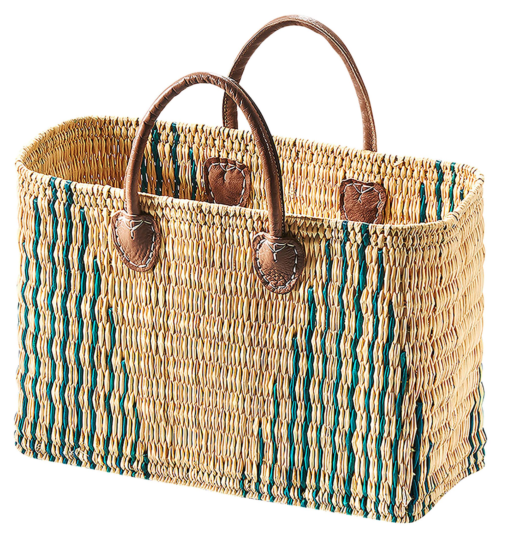 Kobolo Tasche Seegrastasche Korbtasche grüne Stripes Lederhenkel