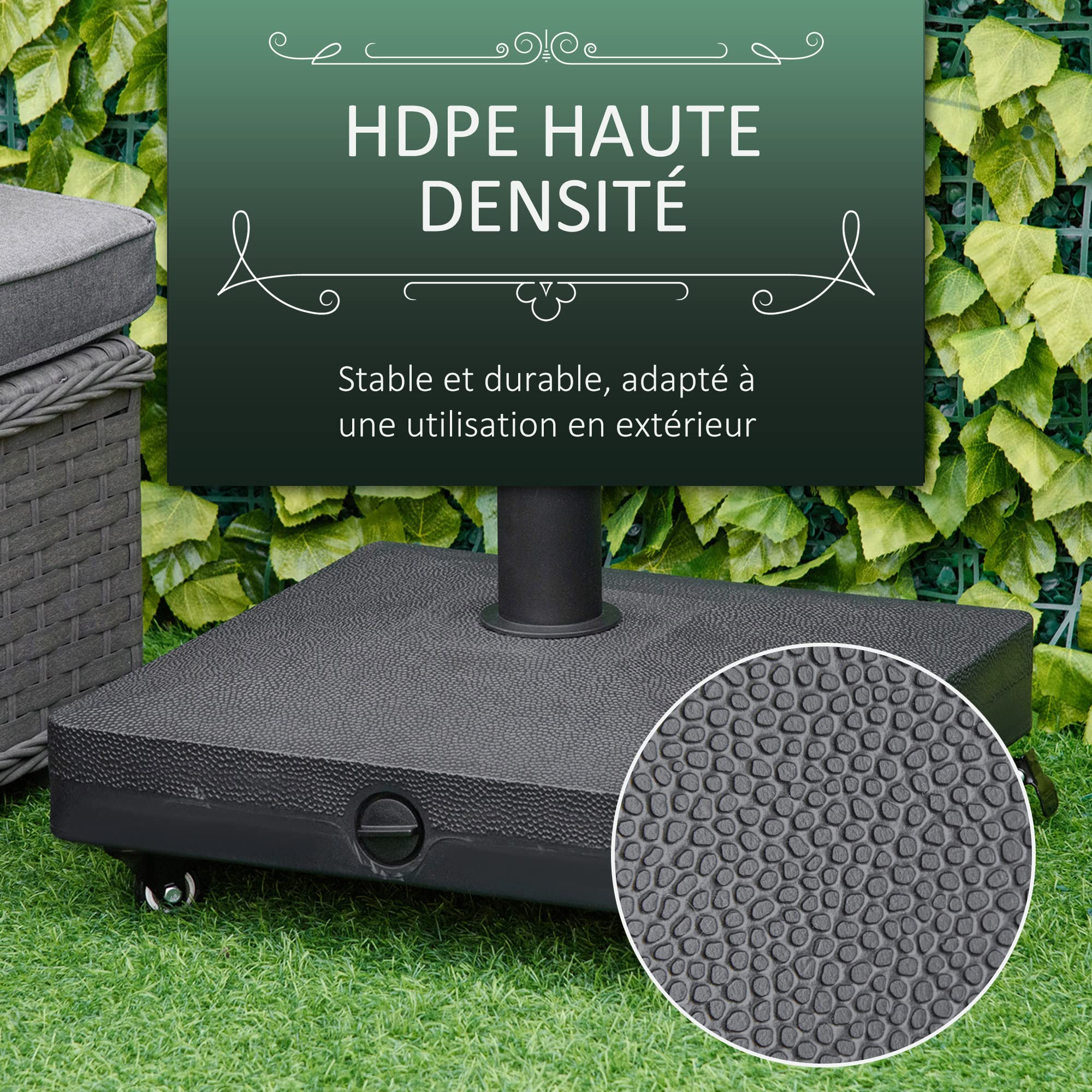 Outsunny Pied de Parasol Base de lestage Parasol carré 4 roulettes dim. 45L x 45l x 39H cm HDPE Noir