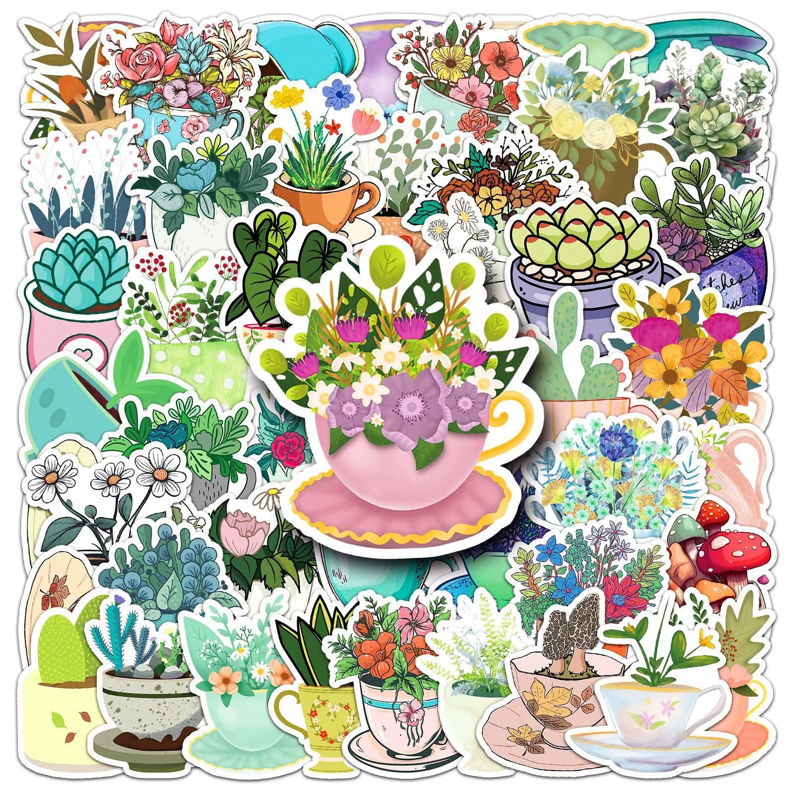 50 Pcs Tea Cup Stickers for Water Bottle Waterproof Sticker for Laptop Skateboard Phone Car Decals for Teens Adults for Party Favors Supplies Decor (Teacup Stickers)