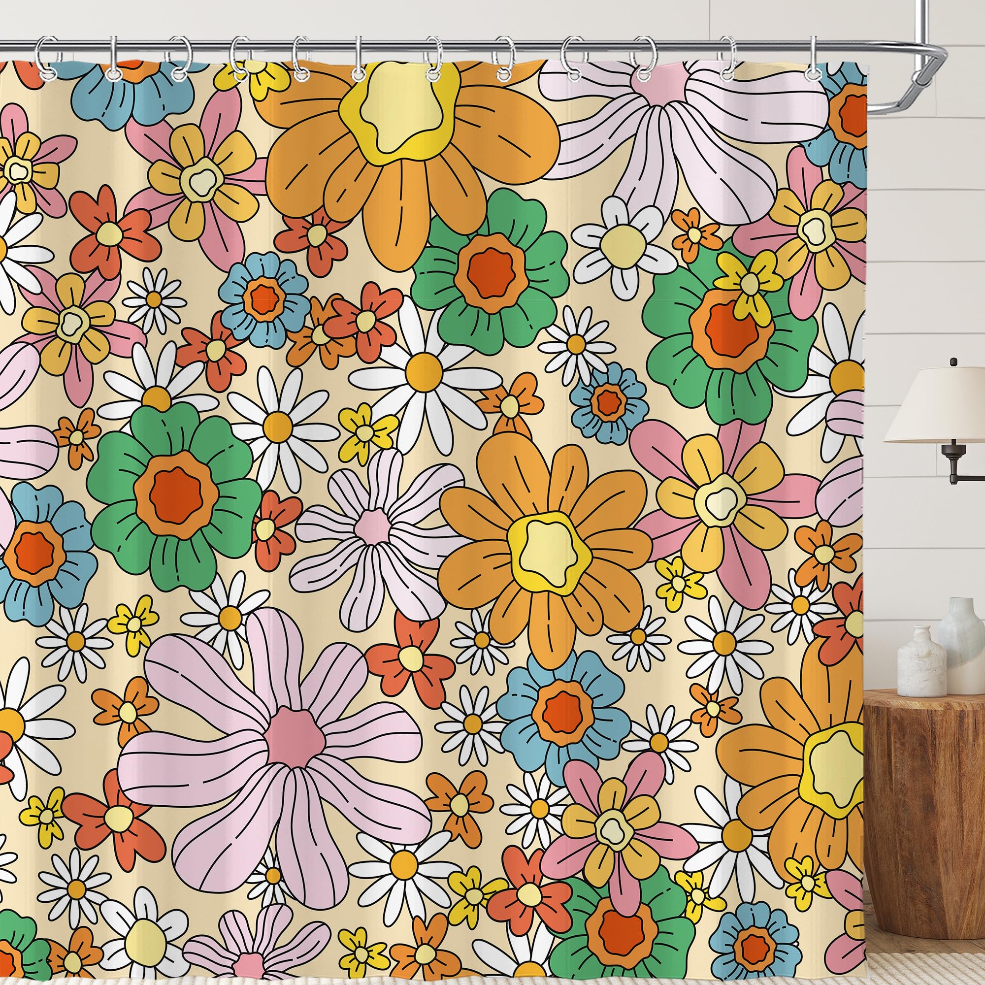 Visioun Colorful Cute Retro Floral Funky 70s Shower Curtain for Bathroom 72W*72H Inch Vintage Abstract Flower Minimalist Aesthetic Bathtub Decor