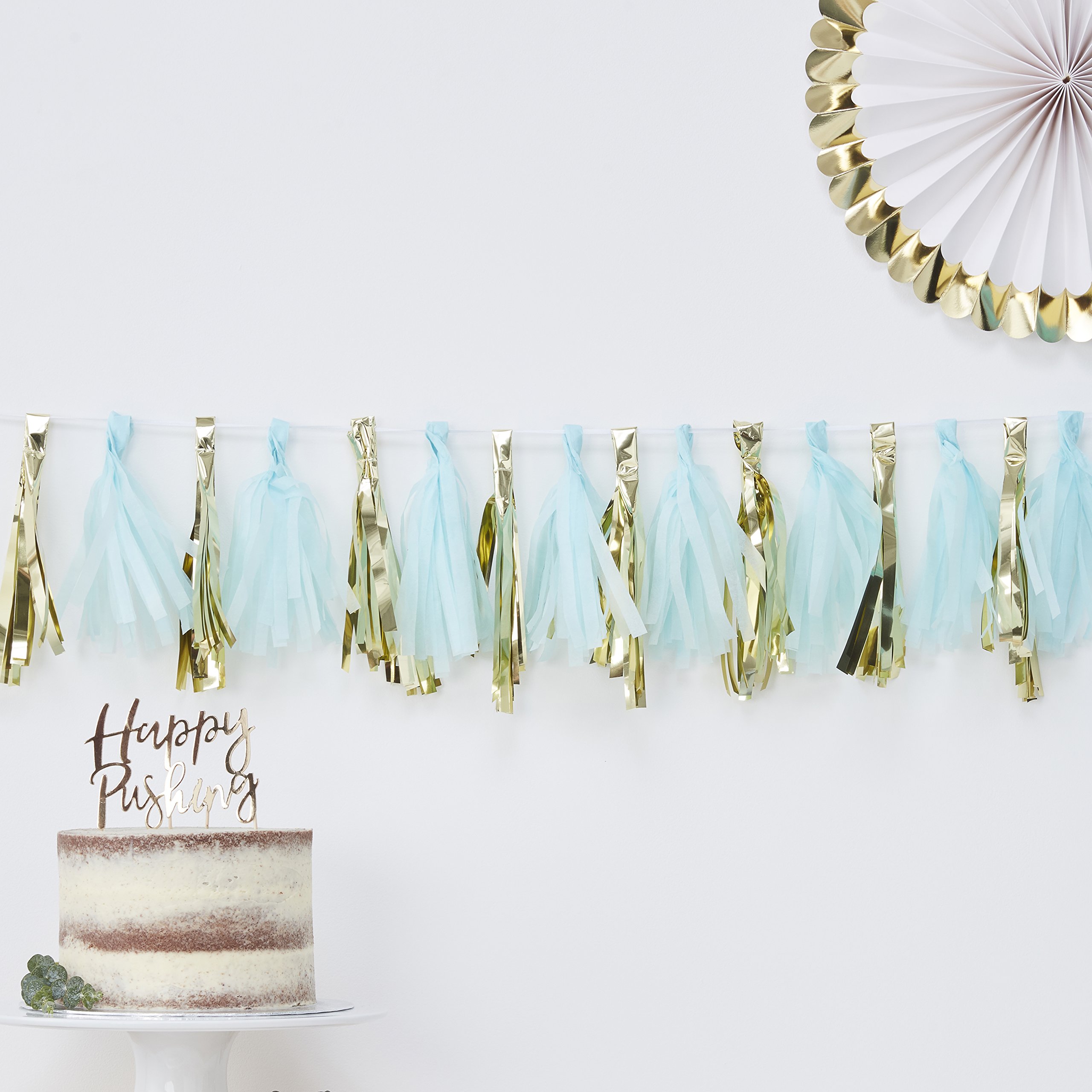 Ginger Ray Blue And Gold Foiled Baby Shower Party Tassel Garland - 16 Pack - Oh Baby! โ image 1