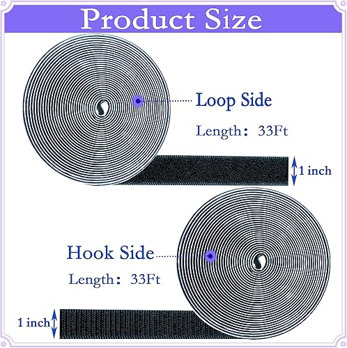Miniatura 3 de Cinta adhesiva de gancho y bucle de 1 pulgada x 33 pies, tiras de nailon multiusos de nailon resistente, rollos de gancho autoadhesivos negros que