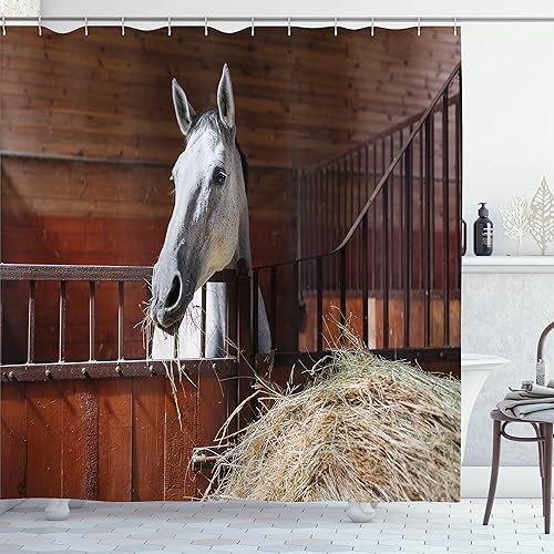 Ambesonne Cortina de ducha de pared de ladrillo, impresión de imagen de arquitectura de mampostería desgastada y agrietada, juego de decoración de