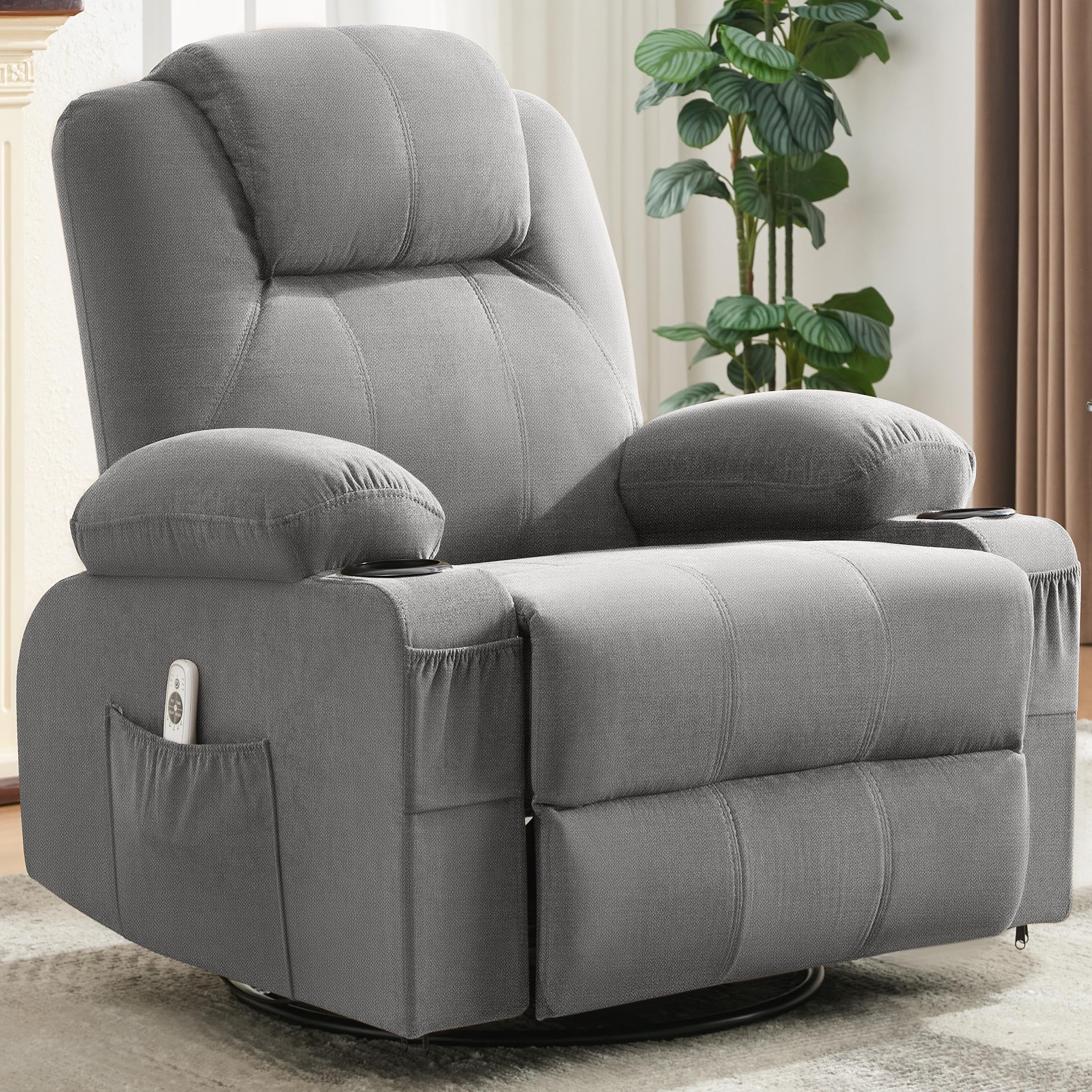 Weture Swivel Rocker Recliner Chair with Heat and Massage, 360 Degree Swivel Rocking Single Sofa with Cup Holders and USB Port, Big Oversized Recliner Chair for Living Room (Fabric, Grey)