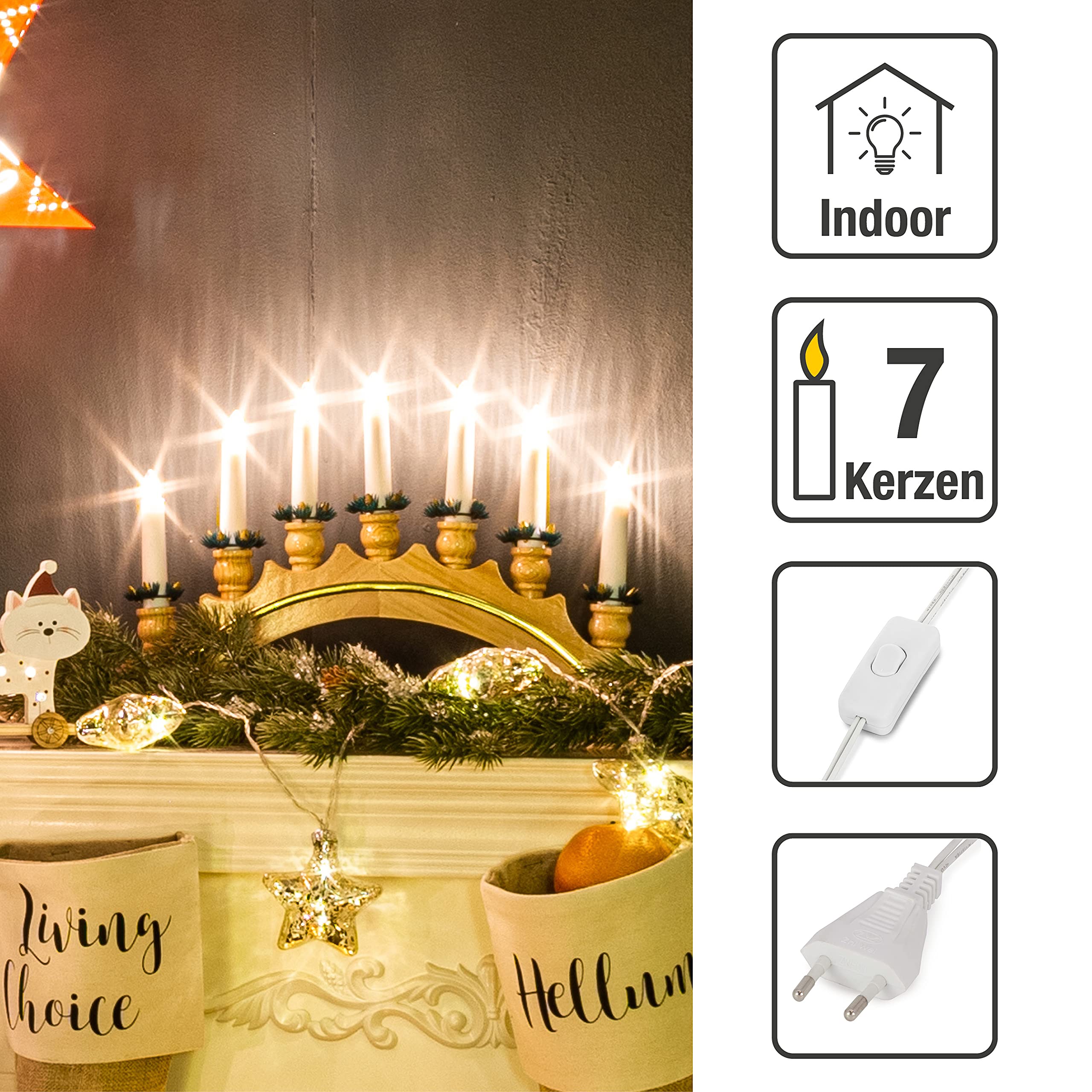 hellum Schwibbogen Weihnachten, 43x27cm, Lichterbogen Weihnachten mit Strom und Schalter, Schwibbogen mit 7 Filament Kerzen (+2 Ersatz), Fensterbeleuchtung für Innen, 873306