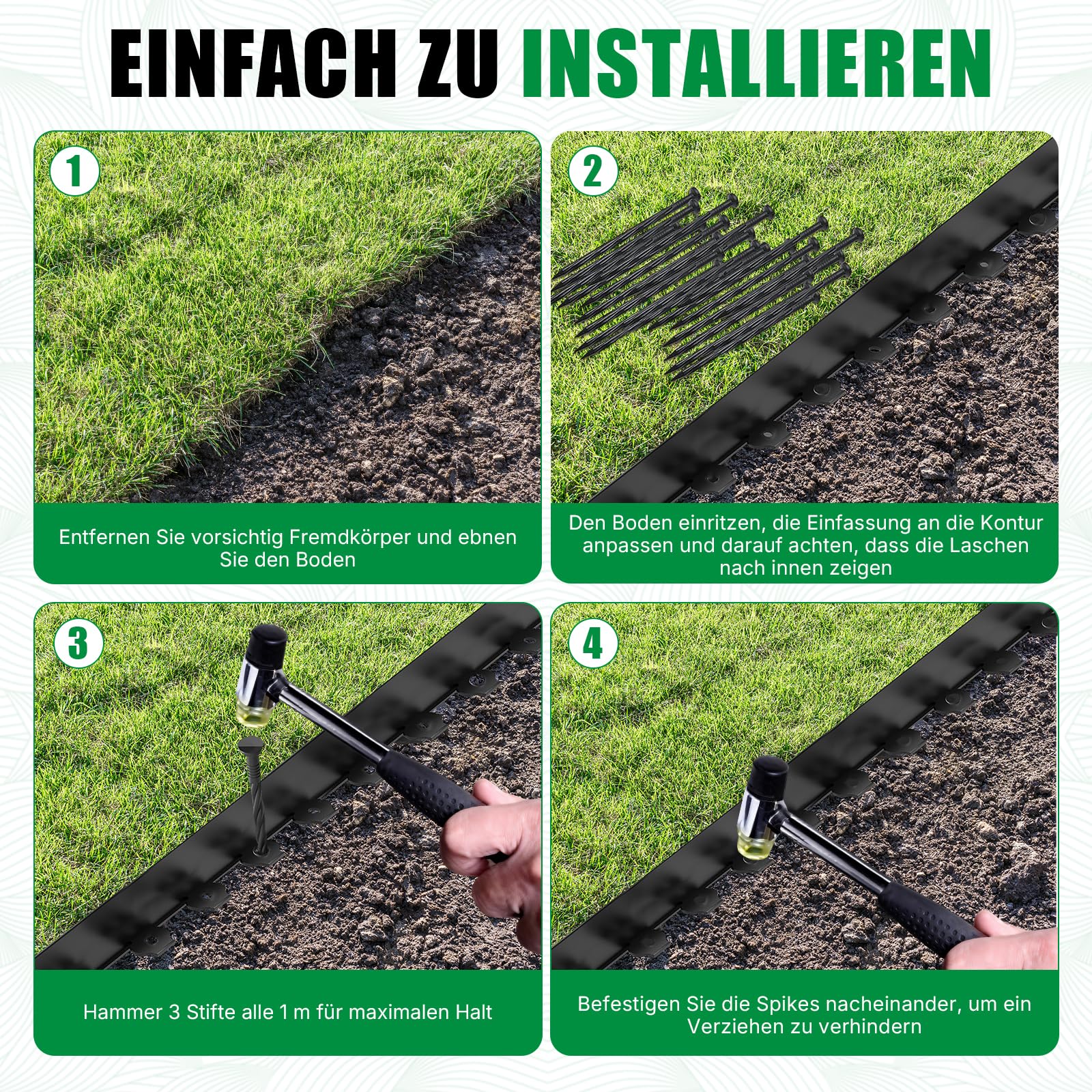 20m Flexible Rasenkante Kunststoff 10cm hoch mit 200 Erdankern – Wetterbeständige Beetumrandung, Beeteinfassung, Rasenabgrenzung für Blumenbeete, Rasen, Einfahrten | Schwarze Gartenkante