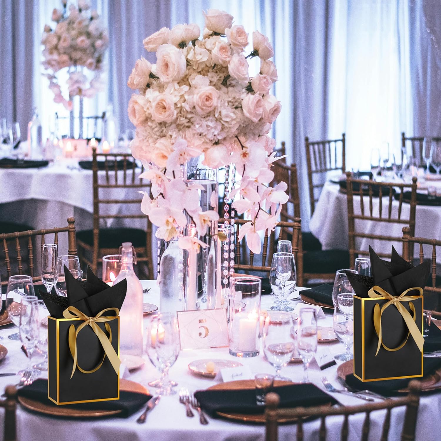 STOBOCTER 6 Pcs Thank You Gift Bags with Handles and Tissue Paper 9 x 7 x 3. 15'' Metallic Welcome Gift Bags with Bow Ribbon for Wedding Bridal Baby Shower Groomsmen Birthday Party(Black, Gold) - Image 7