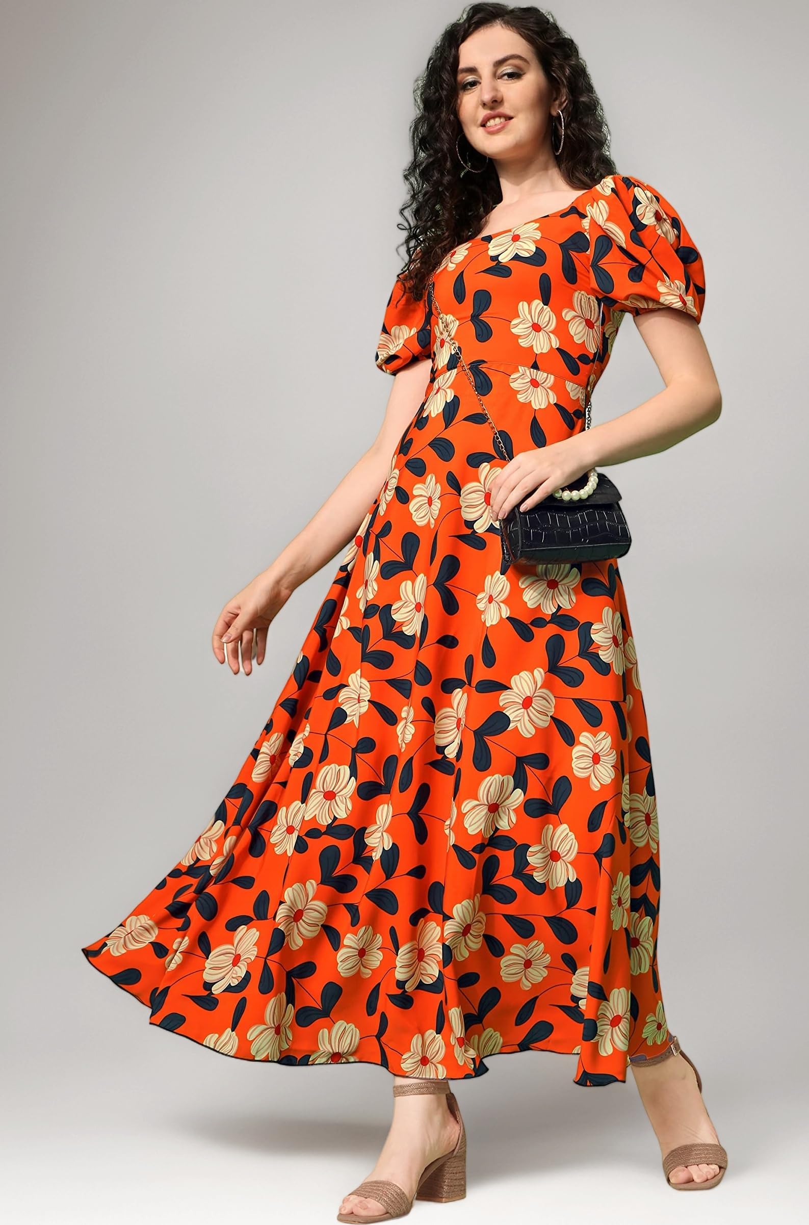 Sheetal Associates Women's Puff Sleeve V-Neck Floral Printed Fit & Flare Casual Maxi Dress