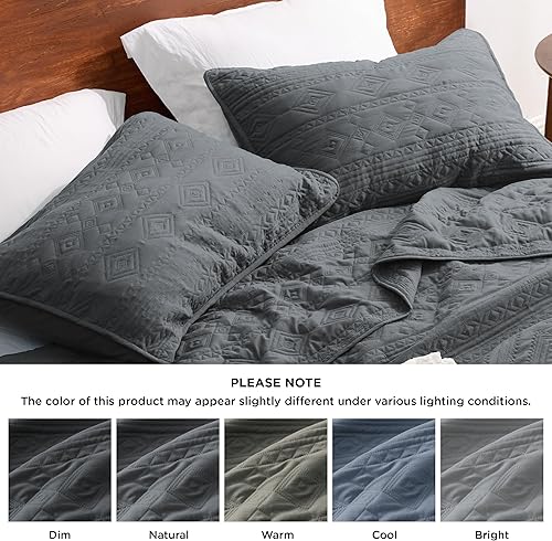 Miniatura 2 de Bedsure Juego de edredón bohemio tamaño Queen, color gris oscuro, moderno patrón geométrico cosido, ultra suave y ligero, 3 piezas, 1 edredón y 2