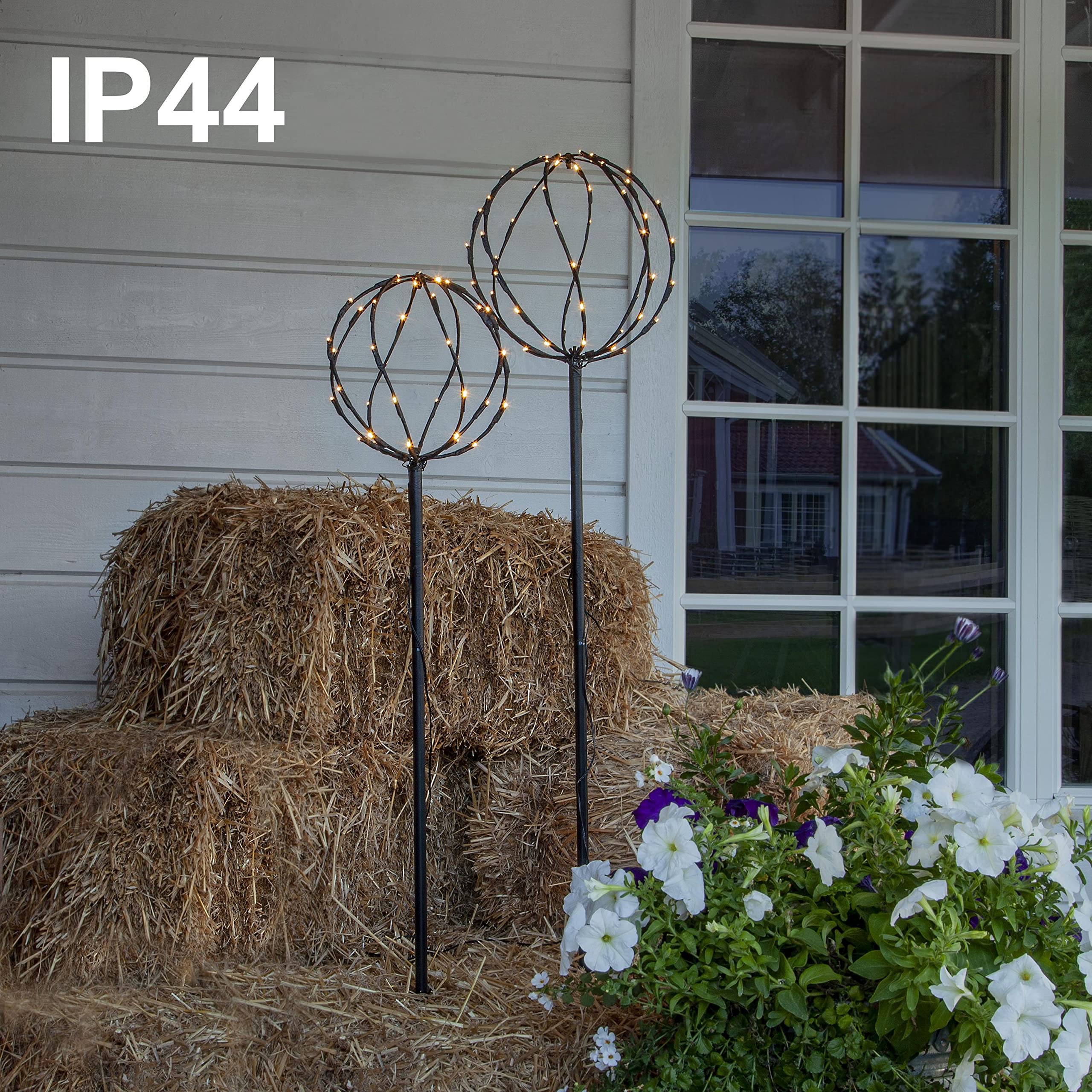 Star Trading Sphere Kugelleuchten Set Garten, 2er LED Außenleuchten mit Erdspieß, IP44, Warmweiß, 130 cm & 110 cm, 5 m Kabel, Metallgeflecht