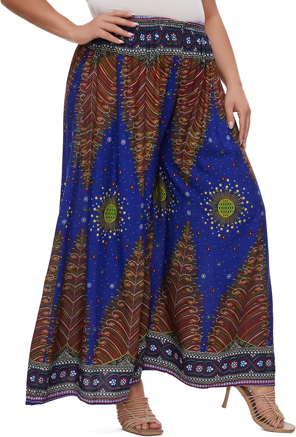 Beautybatik Women Wide Leg Palazzo Pants Plus Size Hippie Bohemian Flora Printed 1X 2X 3X