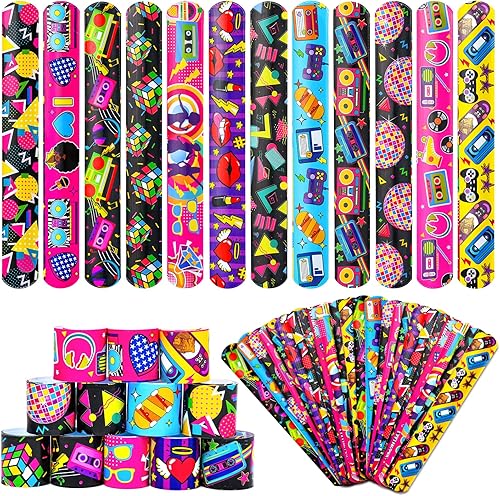 48 pulseras de los años 80 y 90 para niños y adultos, regalos de fiesta temática retro, suministros de bolsas de regalo, regalo para intercambio de